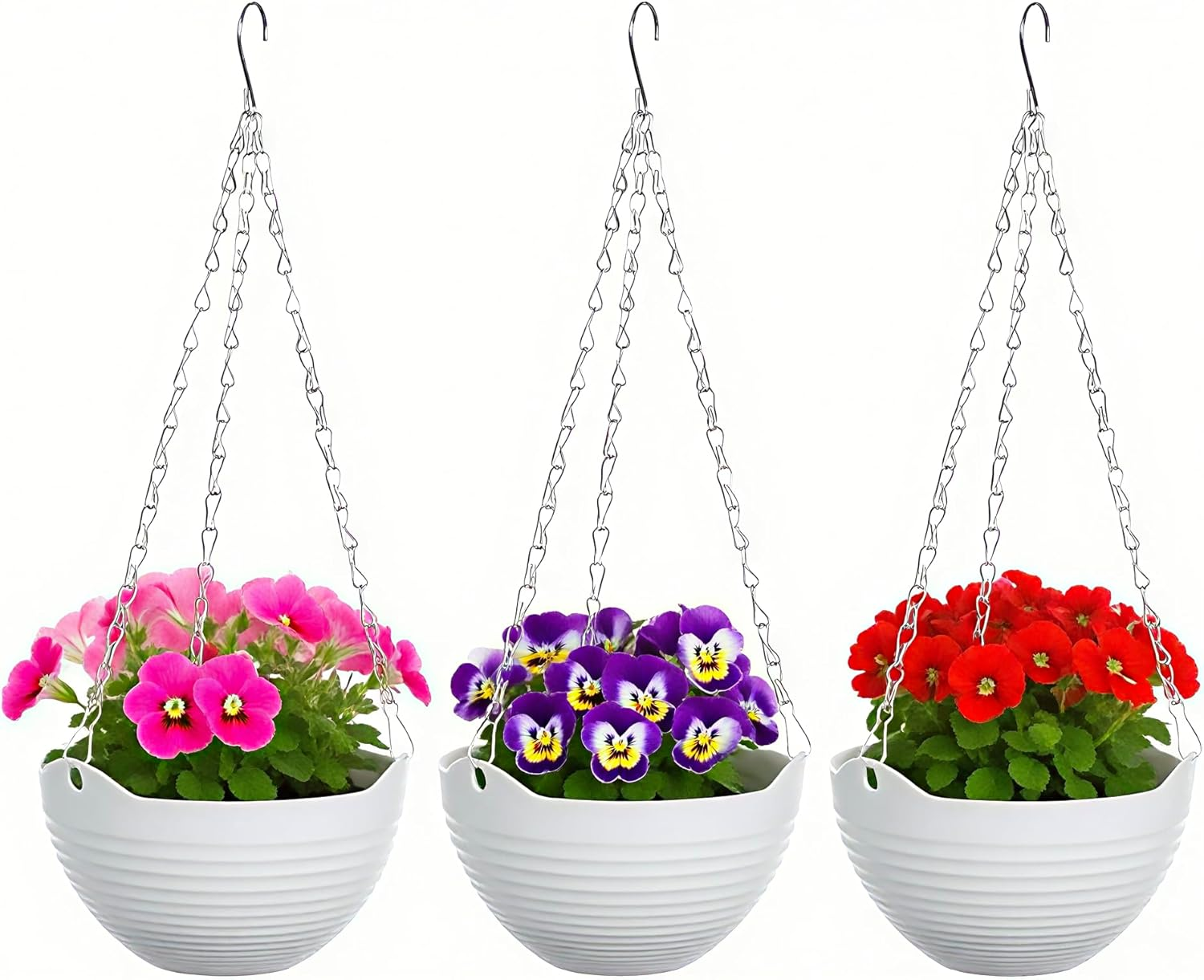 Hanging Planters for Indoor Plants, 3Pcs Hanging Baskets for Outdoor Plants with Drainage Holes and Chain, round Plastic Flower Pots, Hanging Flower Pots for Balcony Garden Decor-White