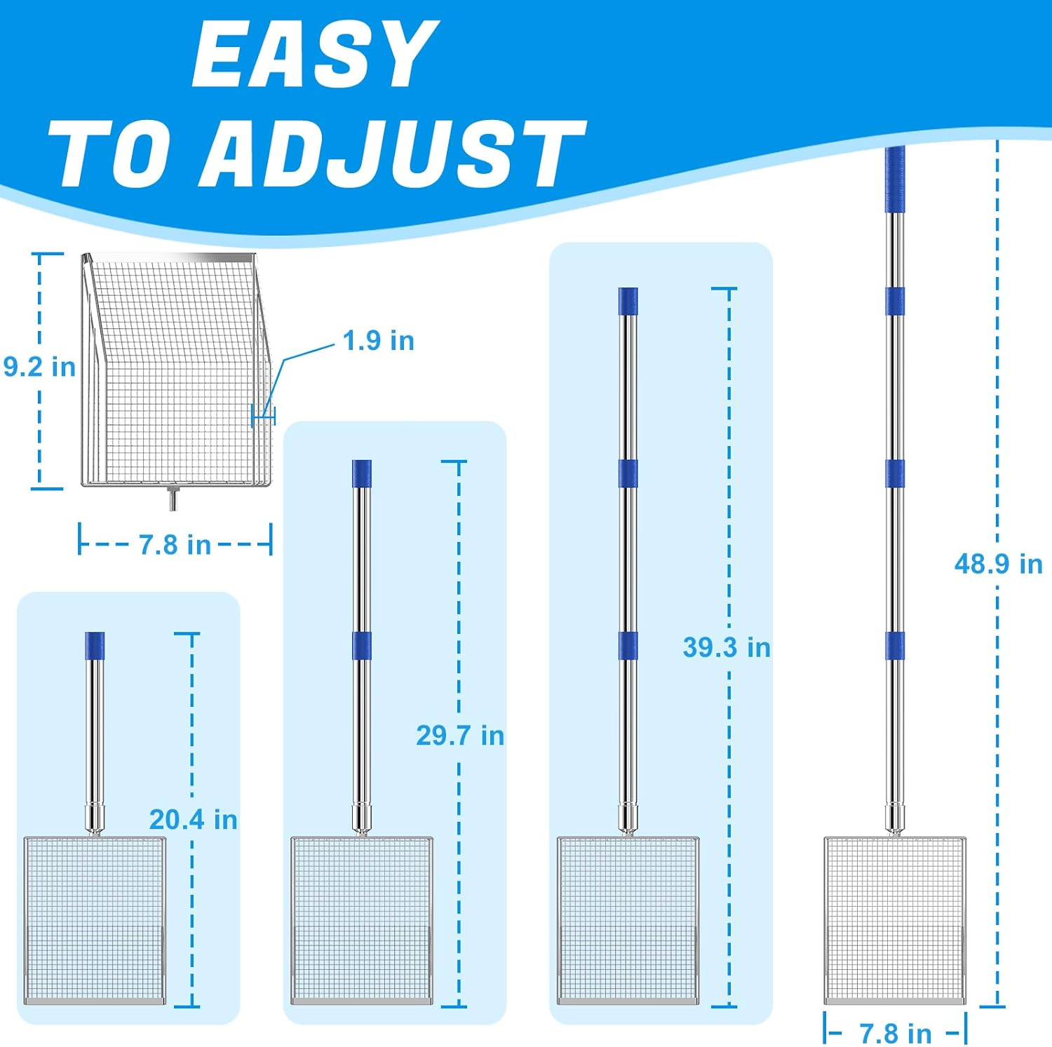 Stainless Steel Chicken Poop Scooper with 4-In-1 Adjustable Handle (20" to 49") &ndash; 304 Stainless Steel Shovel Head for Chicken Coop Cleaning, Pet Waste Removal, and Multifunctional Litter Sifting image number 5