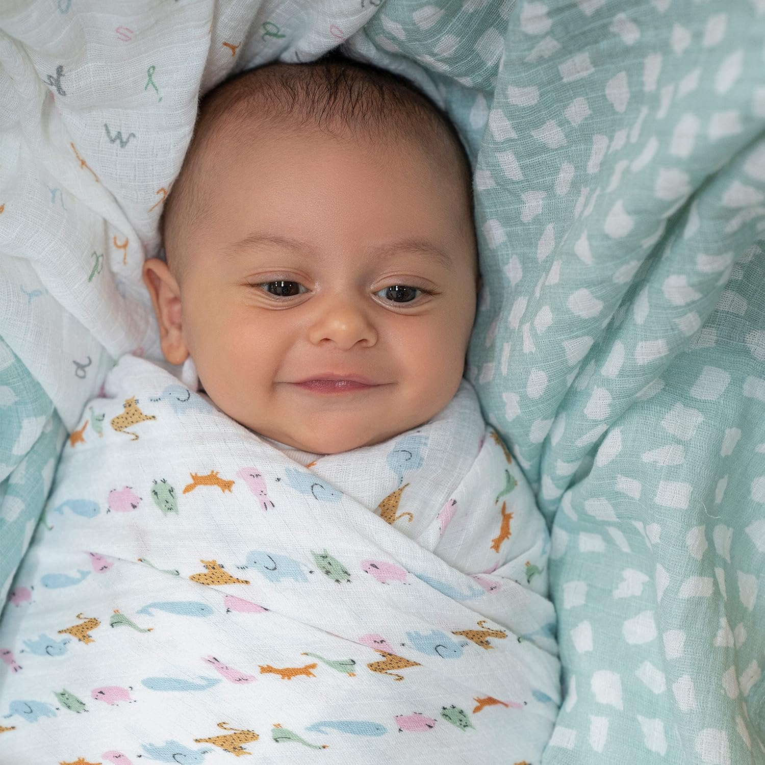 Aden + Anais Essentials Swaddle Blanket, Boutique Muslin Blankets for Girls & Boys, Baby Receiving Swaddles, Ideal Newborn & Infant Swaddling Set, Perfect Shower Gifts, 4 Pack, Alphabet Animals image number 3