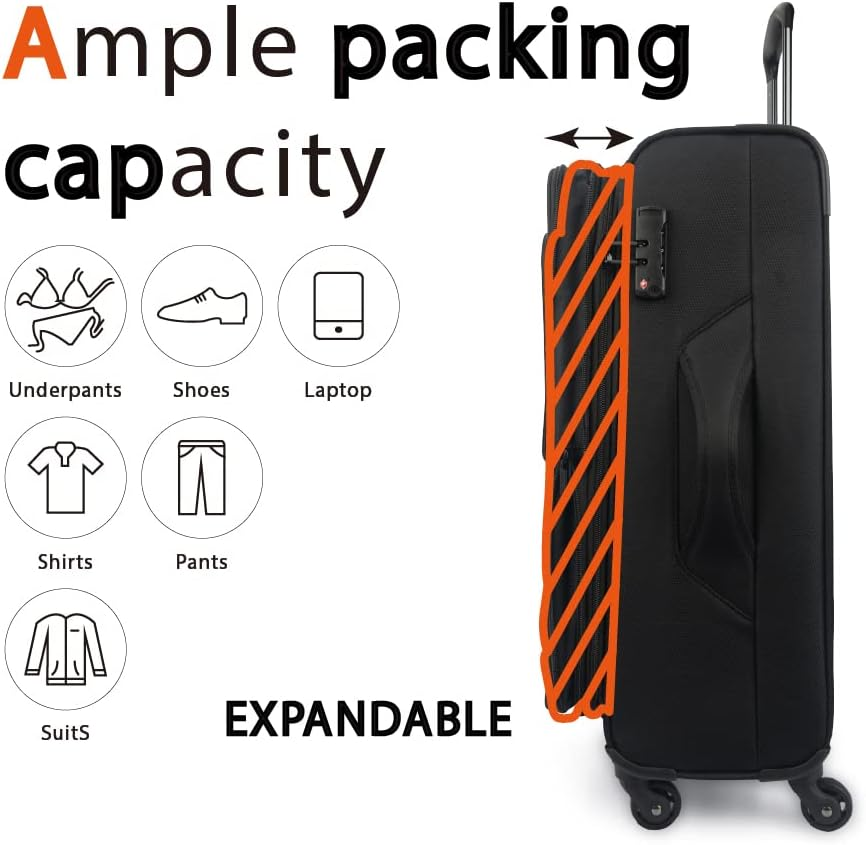 Eaglemate 3 Piece Lightweight Soft Luggage Suitcase Set &ndash; Durable, Expandable, 360&deg; Spinner Wheels, Soft Touch Exterior, TSA Lock for Secure Travel,15 Years Warranty,Black - Navy Blue image number 6