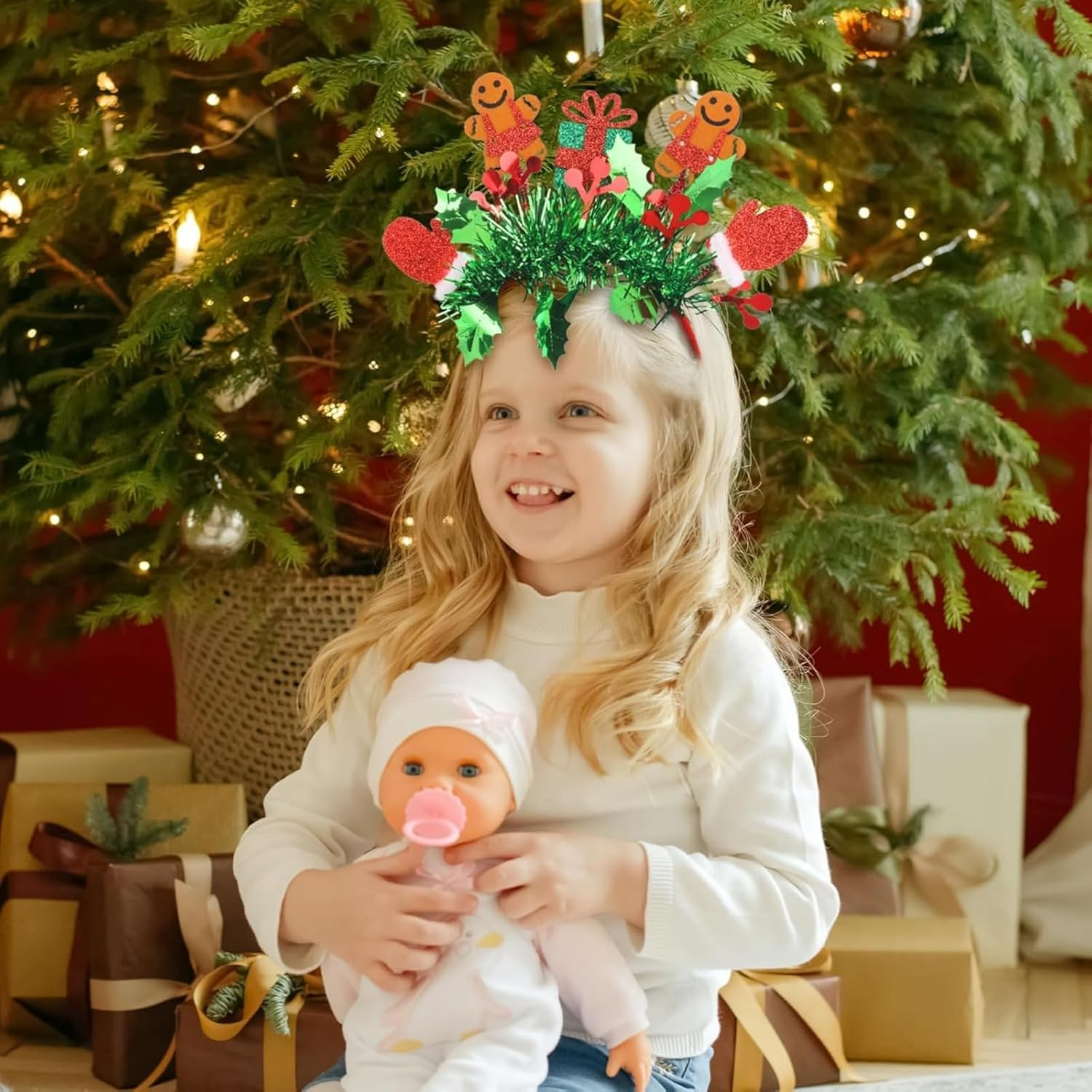 Itadaku Christmas Headband, Funny Gingerbread Man Hairband with Glitter Green Tassels, Festive Head Bopper for Women & Girls, Holiday Party Headdress Accessory image number 3