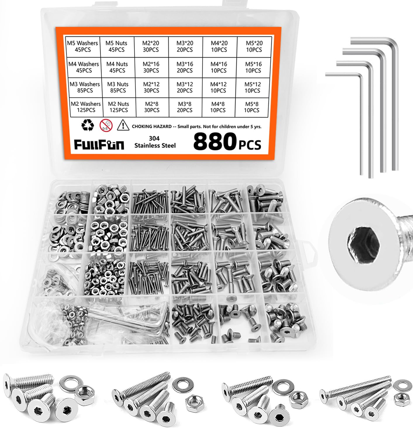 Fullfun 880PCS M2 M3 M4 M5 Hex Socket Flat Head Screw Bolts Nuts Assortment Kit, 304 Stainless Steel Metric Screws with 4PCS Allen Wrenches, Allen Socket Hex Drive Machine Screws Set image number 4