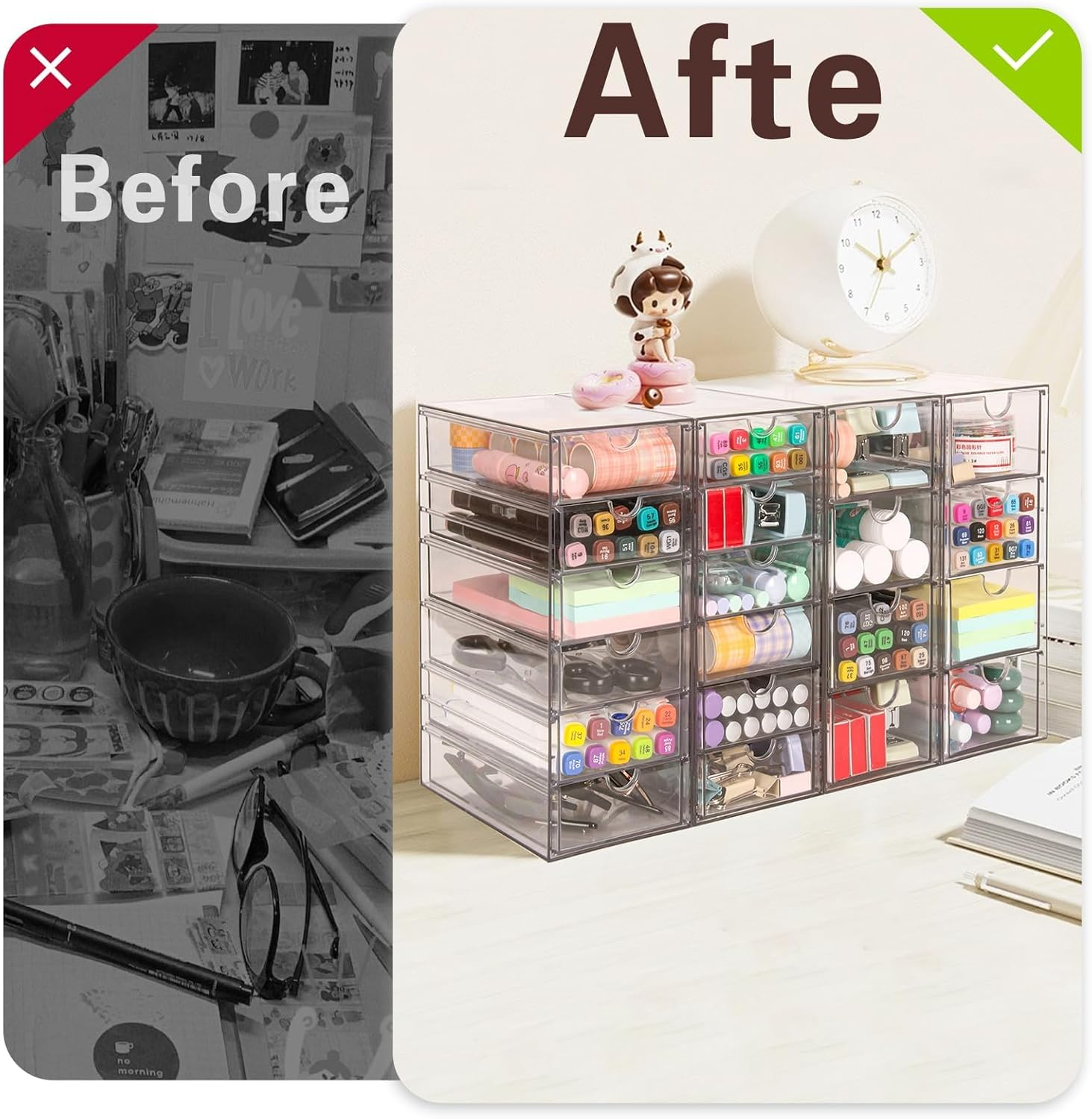 YH-MONICAQUE Desktop Drawer Organizer | 20 Drawers 4 Sets | Acrylic Makeup Organizer and Storage, Clear-Small Desk Storage Drawers, for Office Supply Storage/Hair Accessories/Craft Organization image number 6