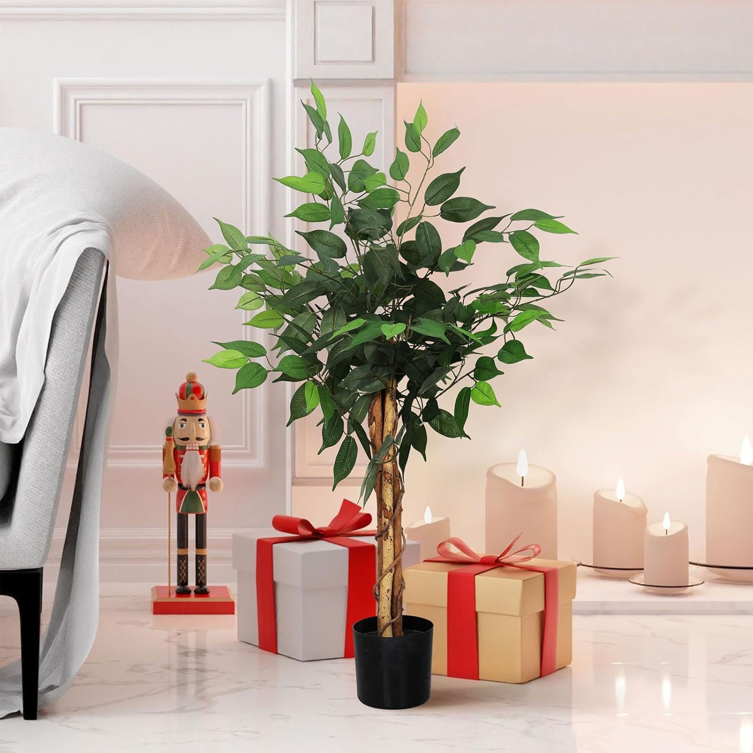 Lambu 90CM Artificial Ficus Trees with Realistic Leaves, Artificial Tree Fake Tree Faux Trees Fake Plants Faux Ficus Tree with Sturdy Plastic Nursery Pot, Fake Ficus Tree for Office Home Farmhouse
