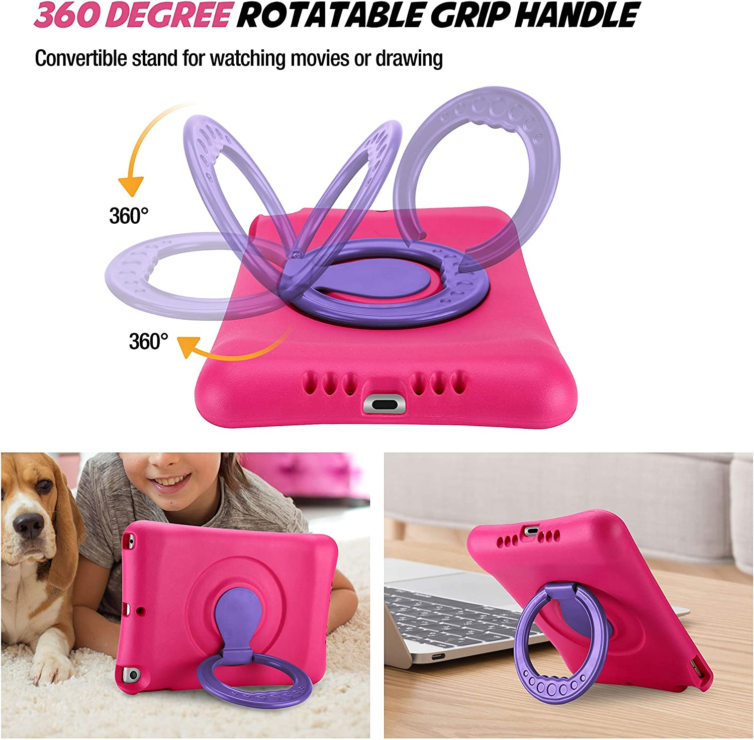 Procase Kids Case for Ipad 10.2 9Th Gen 2021/ 10.2 8Th Gen 2020 / 7Th Gen 2019 /Ipad Air 10.5 3Rd Gen/Ipad Pro 10.5, Durable Shockproof Light Weight Protective Cover with Rotatable Kickstand and Grip -Magenta image number 3