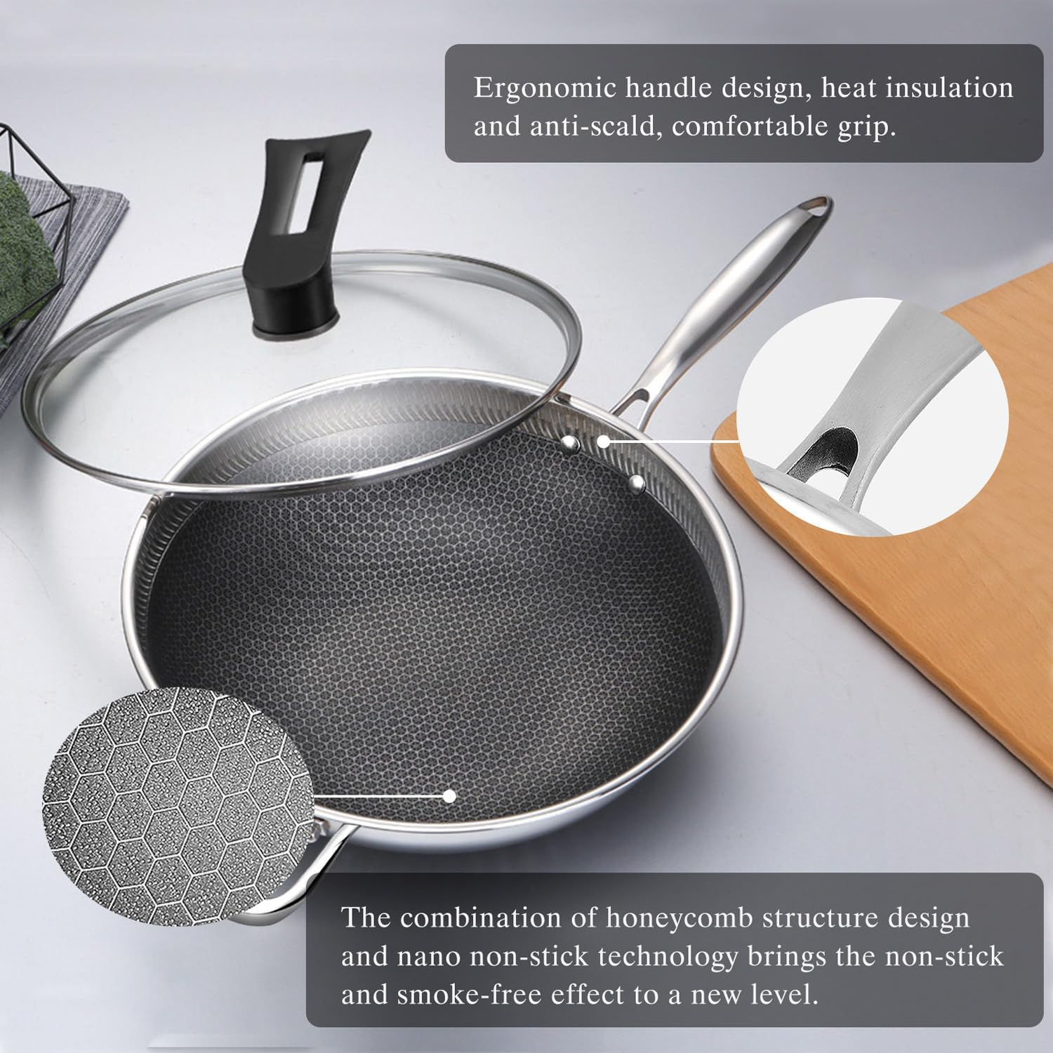 Hybrid Nonstick 12.5Inch Wok Pan with Lid Honeycomb Work with Handle Woks & Frying Wok Pan PFOA Free Cookware Suitable for Induction Ceramic Electric and Gas Cooktops image number 4