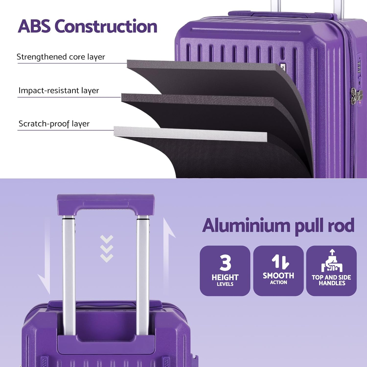 Wanderlite 2Pcs Trunk Luggage Set, 20&rsquo;&rsquo; Suitcase with Larger Capacity, Carry on Luggage with Phone Holder & Hook, TSA Lock, Lightweight Hardshell, Purple image number 6