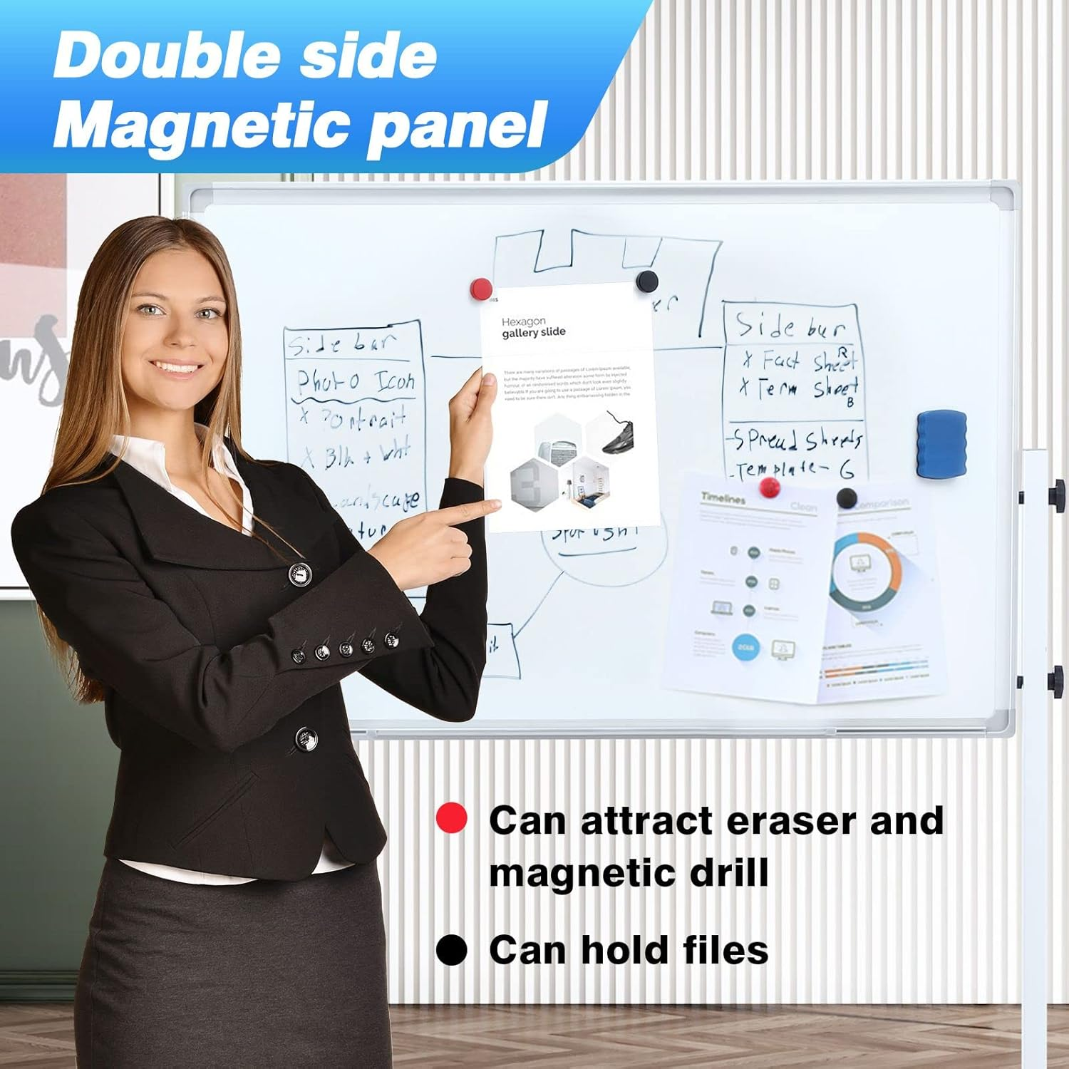 Double Sided Magnetic Whiteboard Interactive Mobile White Board Dry Erase Stand Casters Adjustable Height 90Cmx60Cm - 60Cmx90Cm image number 4