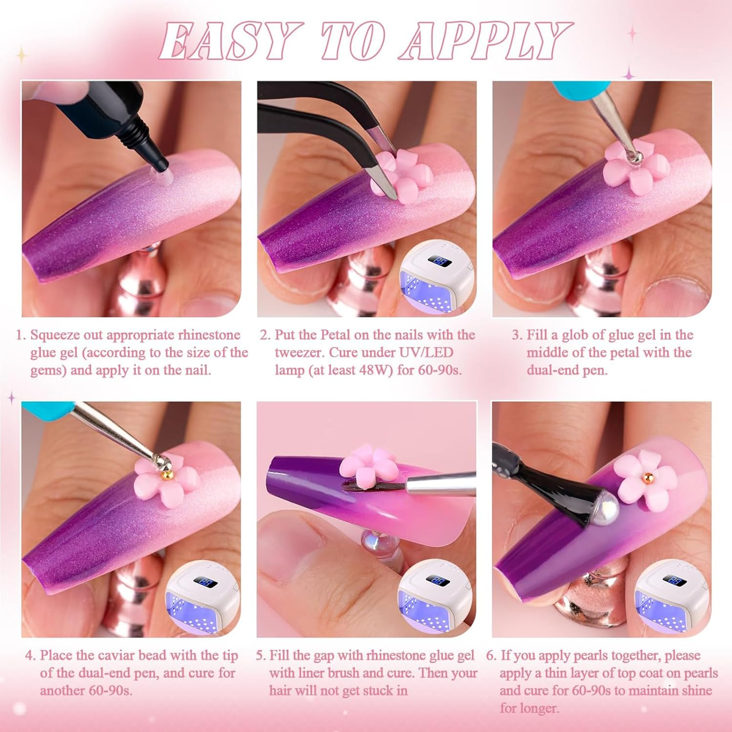 Gaivek 2 Pack 3D Flower Nail Art Charms Set, 12 Grids Spring Blossom Nail Decorations with Gold and Silver Beads, 5-Petal Floral Nails Accessories for DIY Manicure Design