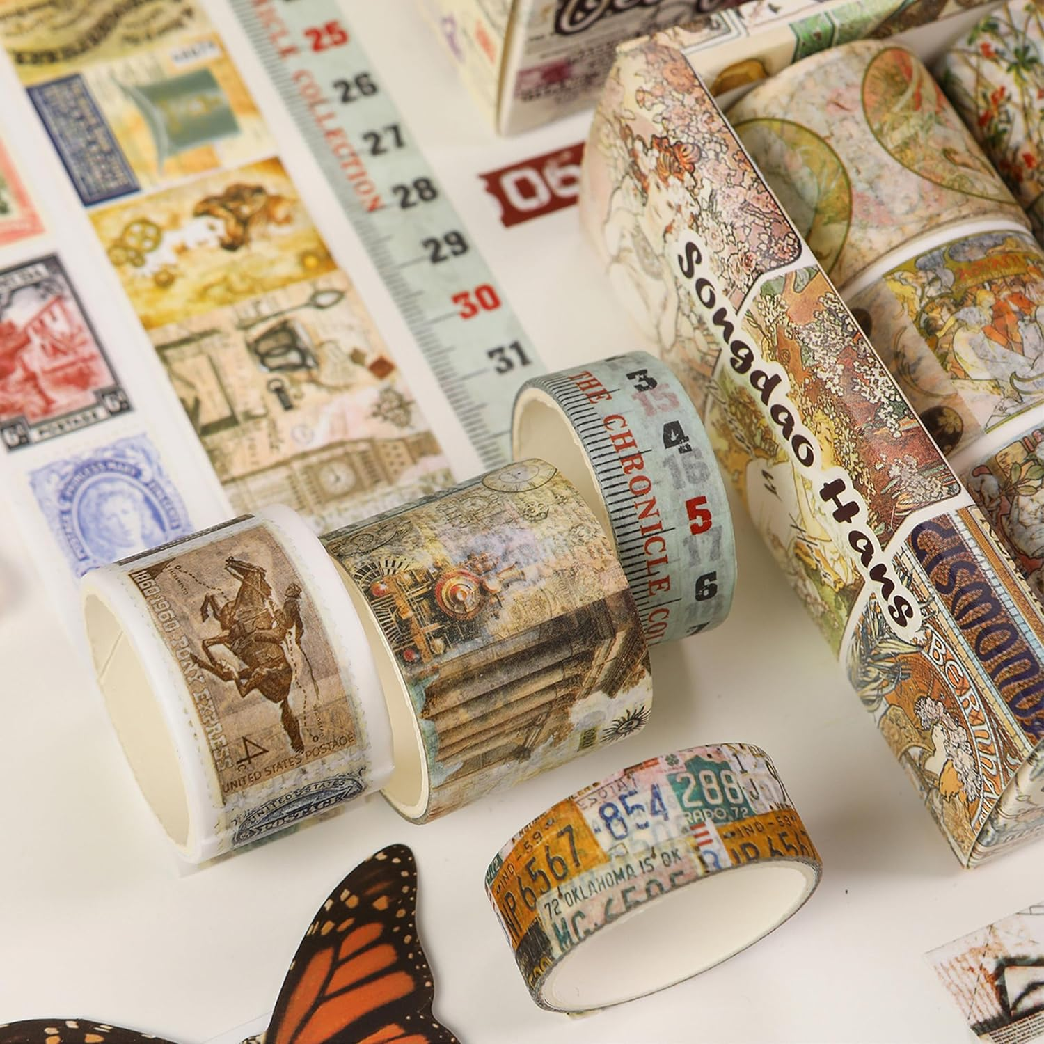 Vintage Washi Tape Set - 24 Rolls Arts Adhesive Tapes Assorted Retro Decorative Masking Tape Sets for Craft, Kids, Scrapbook, DIY, Gift Wrapping (1-Renaissance Dreams) - 10-Countryside Charm image number 7