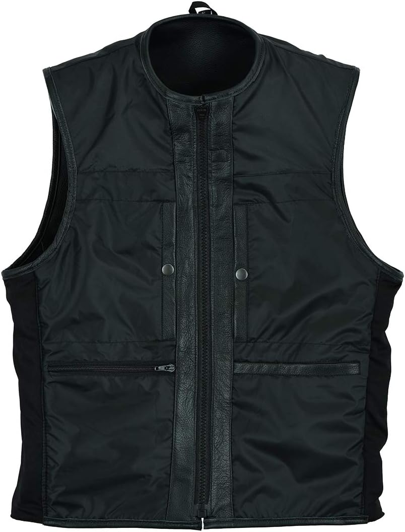 Leatherick Men'S Collarless Tactical Style Leather Warrior Motorcycle Waistcoat Black with Gun Pockets image number 1
