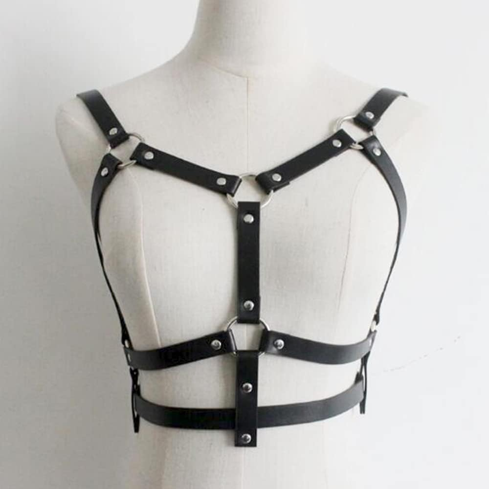 Wiwpar Punk Black Leather Chest Harness Body Waist Chain Belt Rave Nightclub Sexy Belly Bra Jewelry Accessory for Women Girls