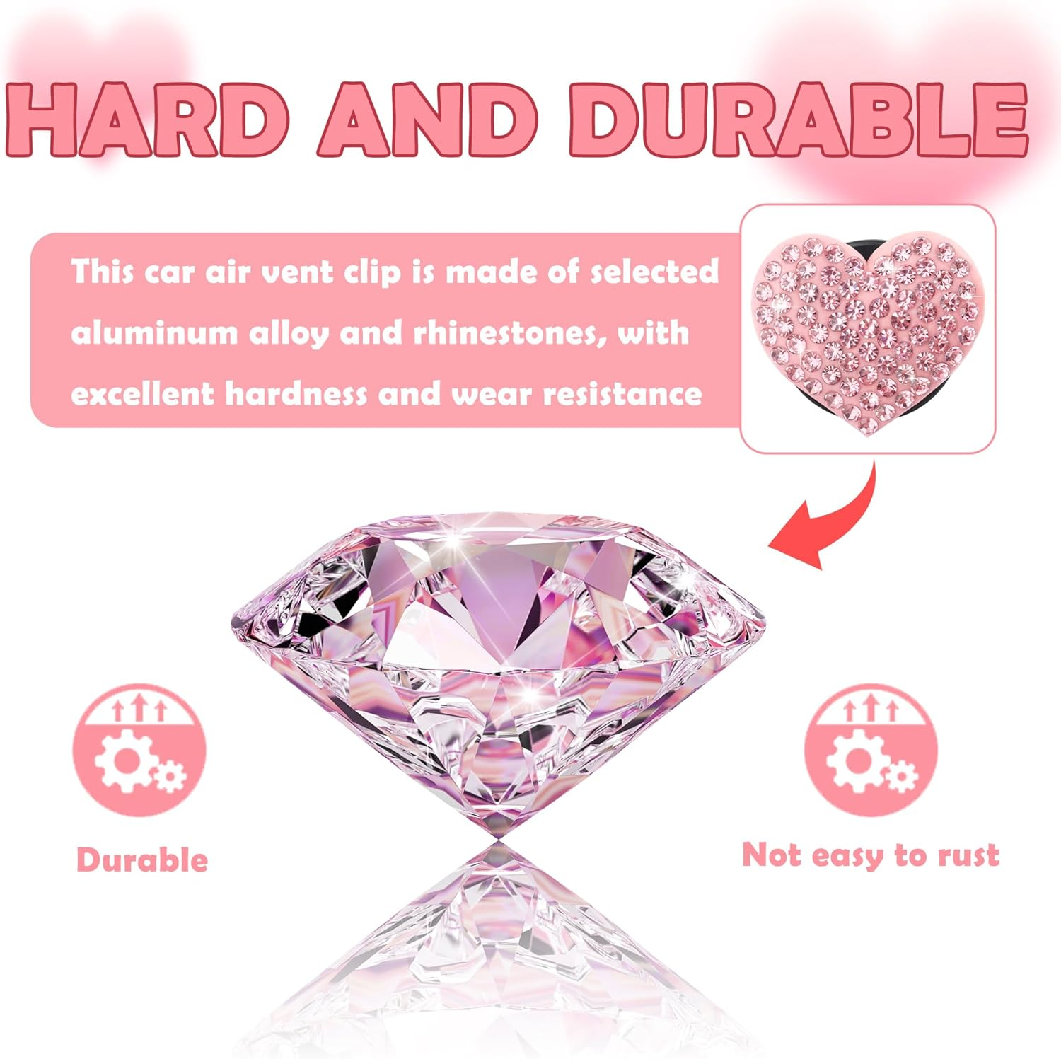 4PCS Heart-Shaped Car Vent Clips with Rhinestone,Bling Air Vent Clips Car Decorations,Premium Shiny Car Clips for Vents Ccar Accessories Interior for Cars,Trucks,Suvs (Pink) - Pink image number 2