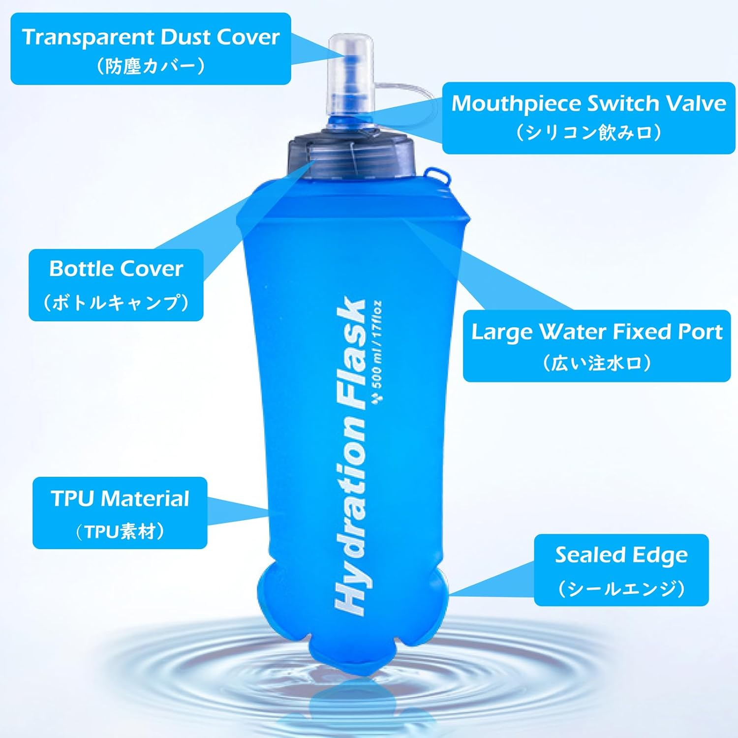 TRIWONDER Hydration Bladder Water Bottle BPA Free Foldable Water Reservoir Hydration Pack for Bicycling Hiking Camping Backpack (500Ml/16.9Oz - Blue - Pack of 2) image number 3
