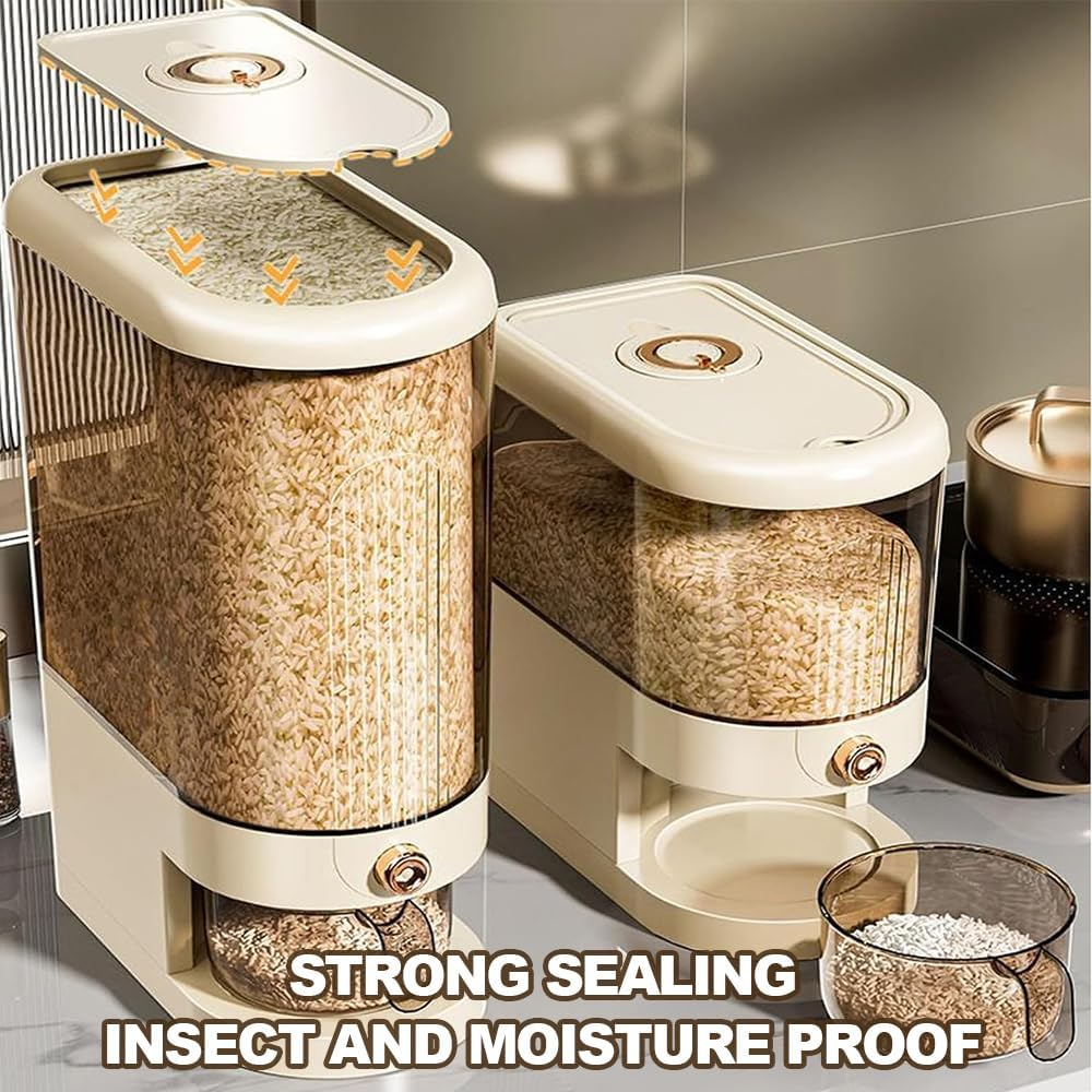 Rice Dispenser, Grain Container Storage, Measuring Cylinder with Lid, Sealed Rice Jar, Household Rice and Flour Drawer, Rice Storage Box, Grain Dispenser Barrel for Kitchen (White, 10 KG) image number 1