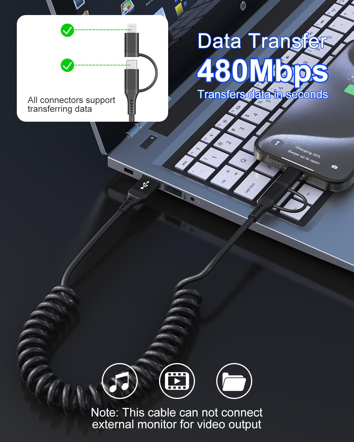 Coiled USB to USB C and Lightning Cable 2 in 1 - Mfi Iphone 15 Car Charger Cord, 3A Fast Charging Cable for Iphone 15/15 Pro/15 Pro Max/14, Galaxy, Android, Support Apple Carplay & Android Auto & Data image number 1