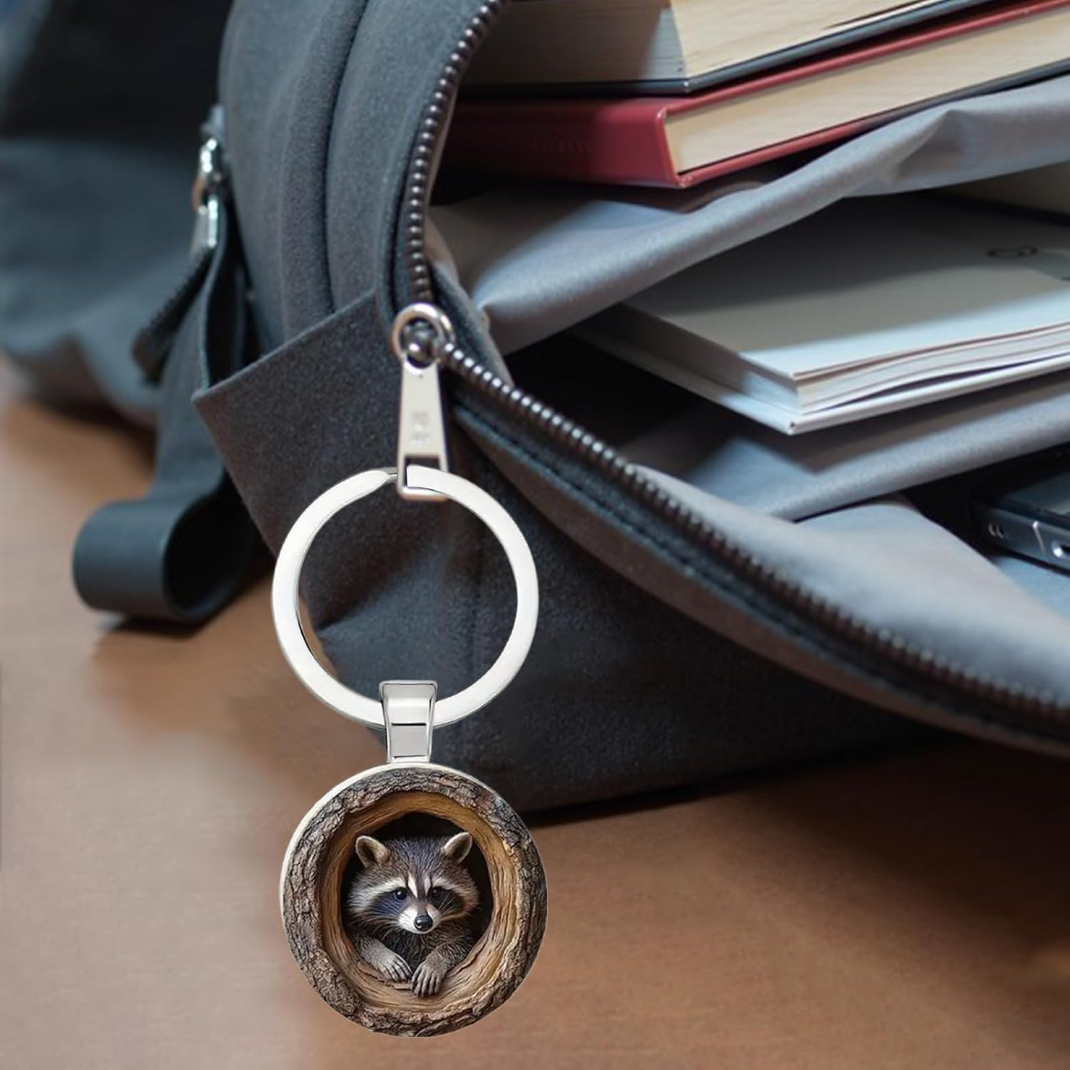 Raccoon Bag - Cute Animal Keychain, Tree Holes Backpack | Decorative Zipper Accessory, Cartoon Keychain Clip for School Bags, Wallet, Bo image number 3