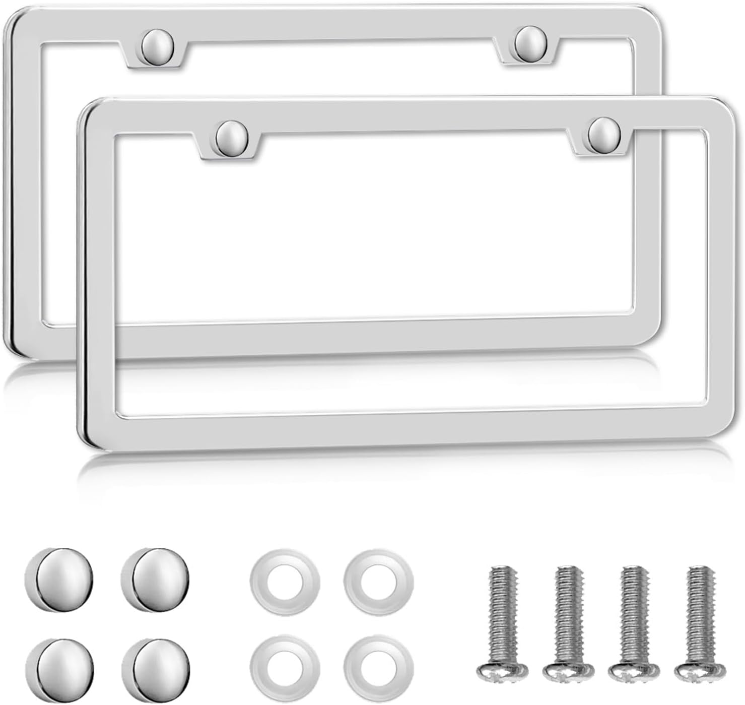 Solid Silver License Plate Frames 2 Pack, 2 Holes Rust-Proof License Plate Holder, Universal Car Stainless Steel License Plate Frame for Women & Man (Screws & Chrome Caps) by Lengnoyp image number 4