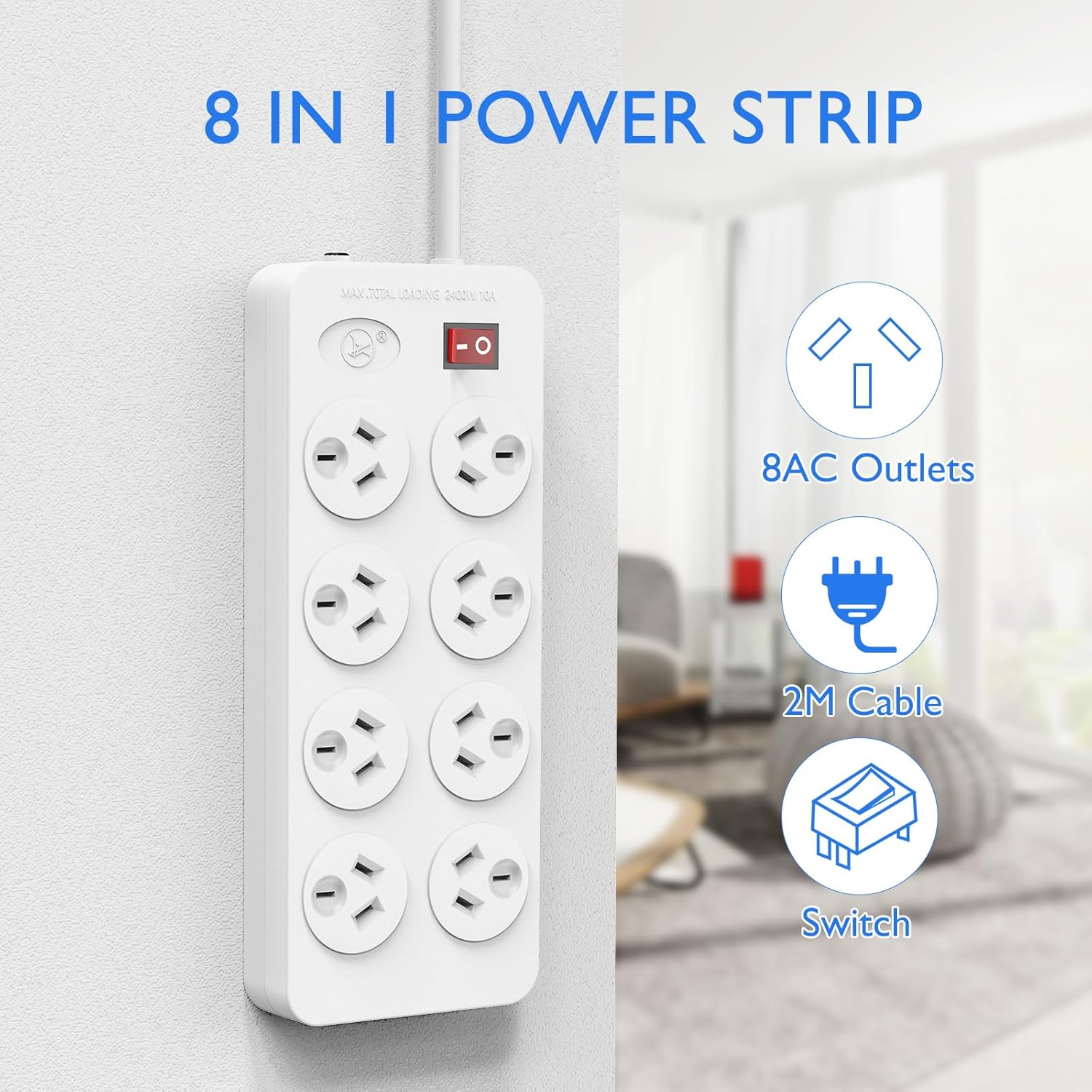 Powerboard, Power Strip with Switch,2M Extension Power Cord, 2400W/10A,Surge Protector with 8 AC Outlets,Wall Mountable, for Home Office