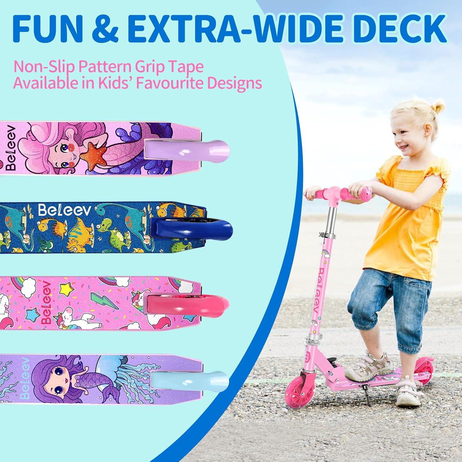 BELEEV V1 Scooters for Kids, 2 Wheel Folding Kick Scooter for Girls Boys, 3 Adjustable Height, Light up Wheels, Lightweight Scooter with Sturdy Frame, Kickstand for Children 3 to 12 Years Old