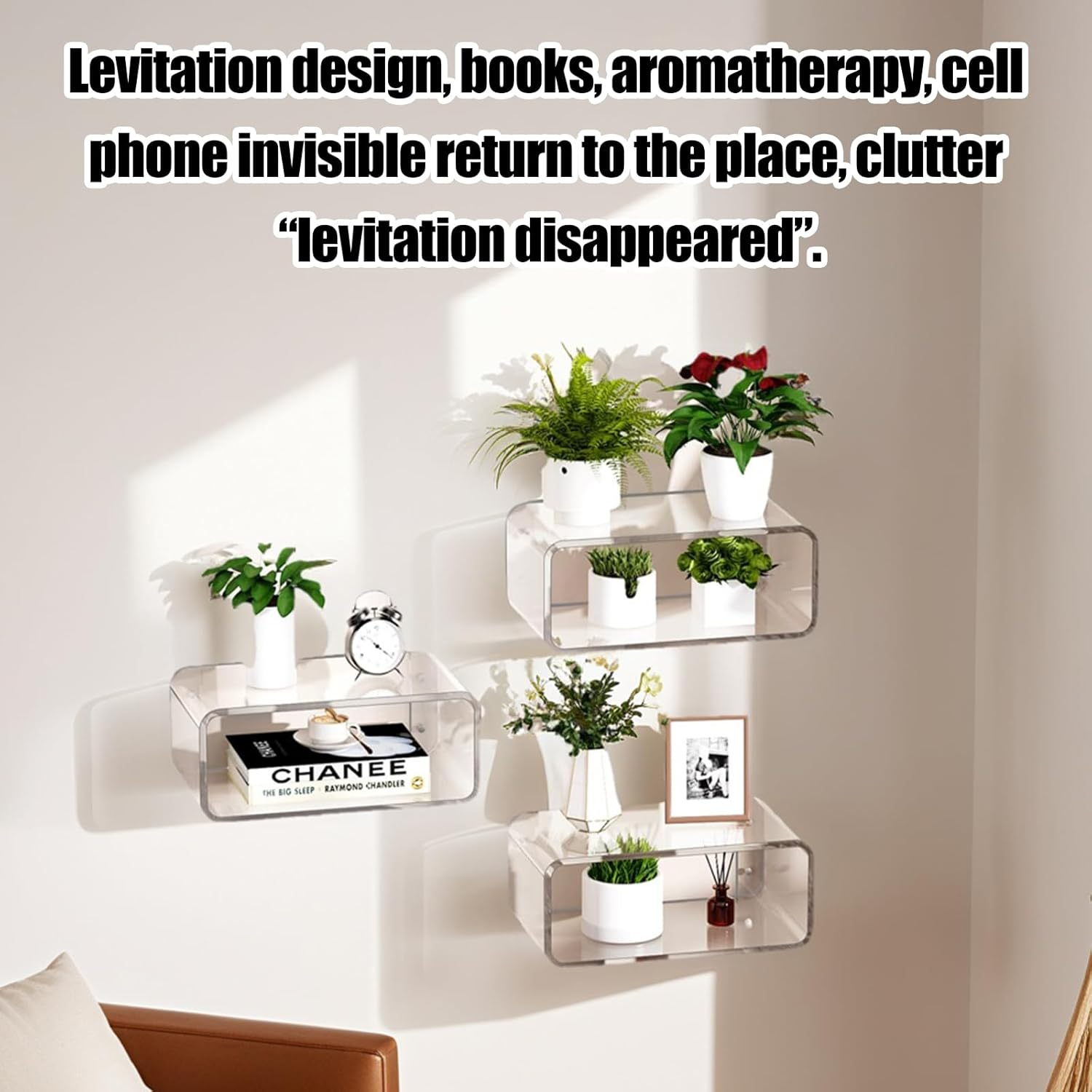 HOOMFIT Acrylic Floating Nightstand,Wall-Mounted Bedstead,Space-Saving Wll Mounted Bedside Shelf, Stylish & Durable for Bedroom,Home,Decor (45Cm, Clear) (White) - White image number 2