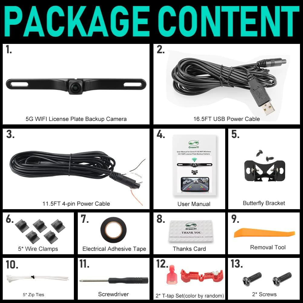 Wifi Car Wireless Backup Camera, Greenyi 5G 720P HD Car License Plate Rear/Front View Reverse Camera for Iphone Ipad Android Smart Phones Tablets Which Support Double Band Wifi(2.4Ghz and 5Ghz) image number 6