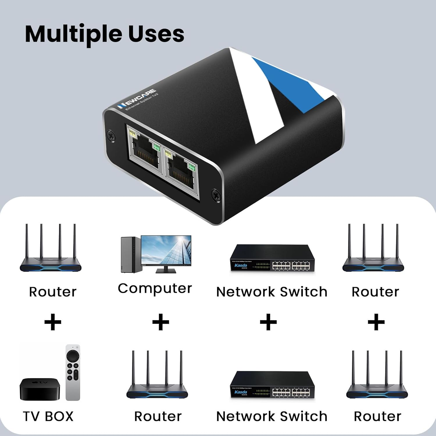 RJ45 Ethernet Splitter 1 to 2 Out, NEWCARE 1000Mbps Network Splitter with USB Power Cable, Gigabit LAN Splitter Connector for Cat 5/5E/6/7/8 (Black)