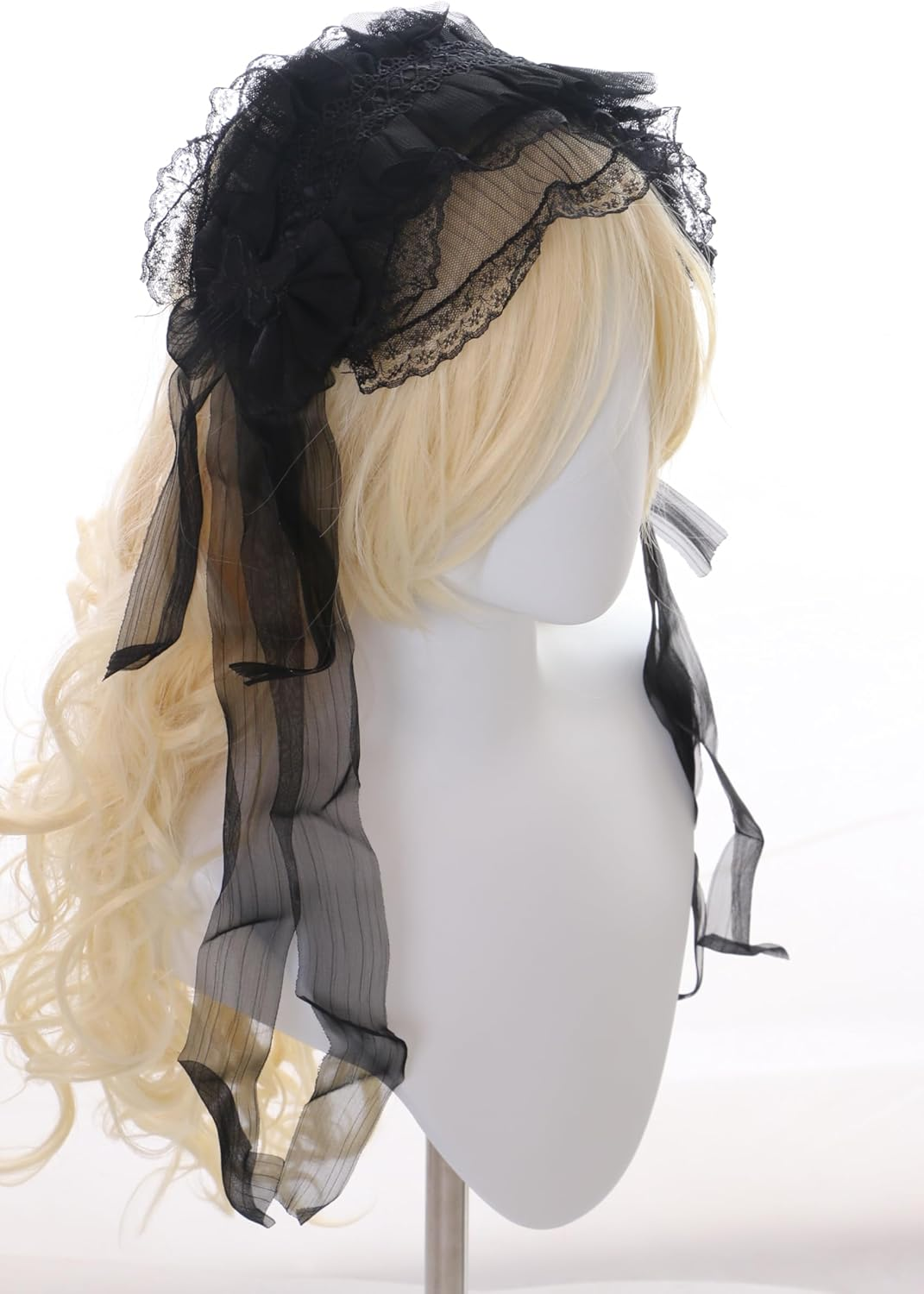 C-128 Maid Maid Lolita Lace Ruffle Headband with Bow Gothic Hair Accessories Headband Extra Wide Black image number 5