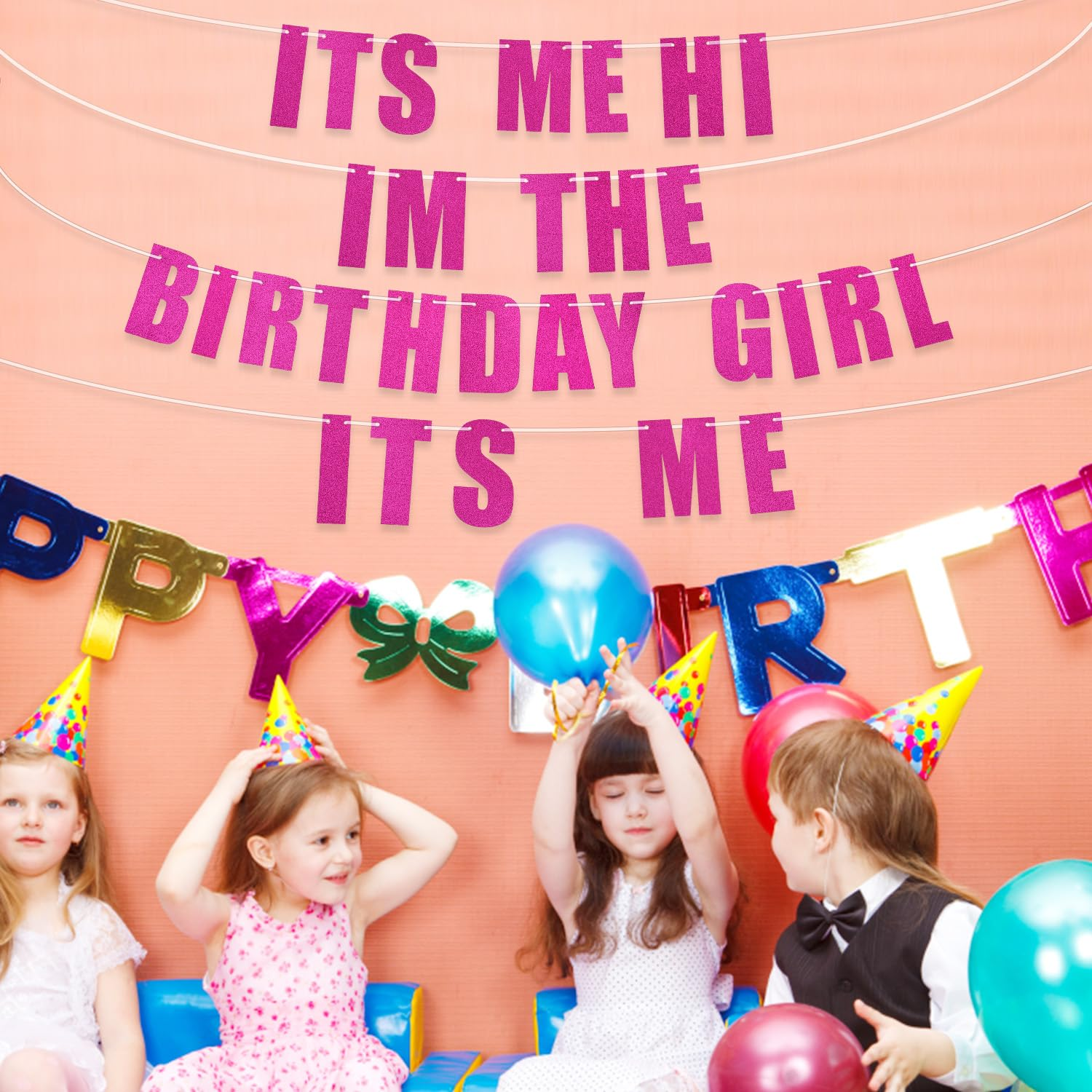 Pre-Strung It'S Me Hi I'M the Birthday Girl It'S Me Banner, Hot Pink Birthday Party Decorations Glitter Singer Party Garland Backdrop