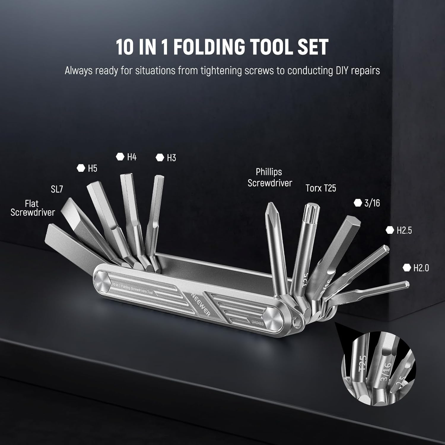 NEEWER 10 in 1 Folding Screwdrivers Tool Set: 4 Screwdrivers, 6 Hex Keys, Pocket Tool Compatible with Smallrig Camera Cage Rig Top Handle Tripod QR Plate, UA048S Silver image number 4