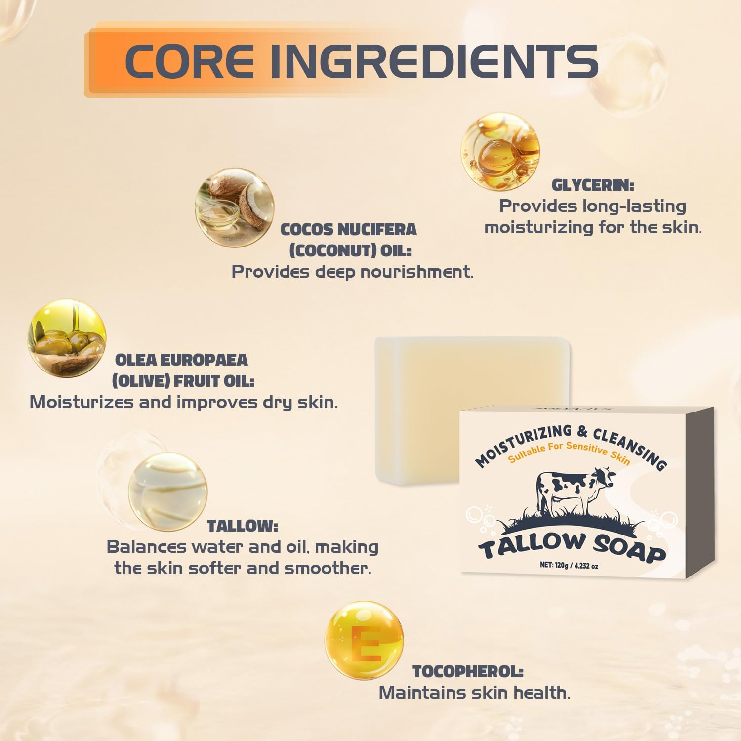 Beef Tallow Soap Bar,Beef Tallow Handmade Bar Soap,Moisturisingtallow Soap Bar, Face and Body Cleansing, Beef Tallow Soapbar for Skin Dry, Itchy, Sensitive,100G