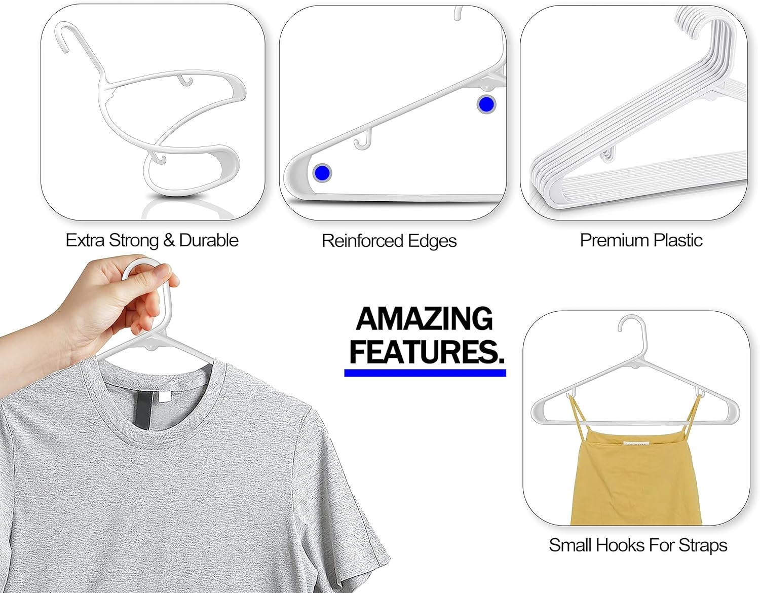 GVTECH Plastic Clothes Hangers - [50 Pack] Heavy Duty Durable Coat and Clothes Hangers with Hooks - Durable Lightweight Space Saving Laundry Hangers for Coats, Skirts, Pants, Dress (50 Pack, White) image number 4