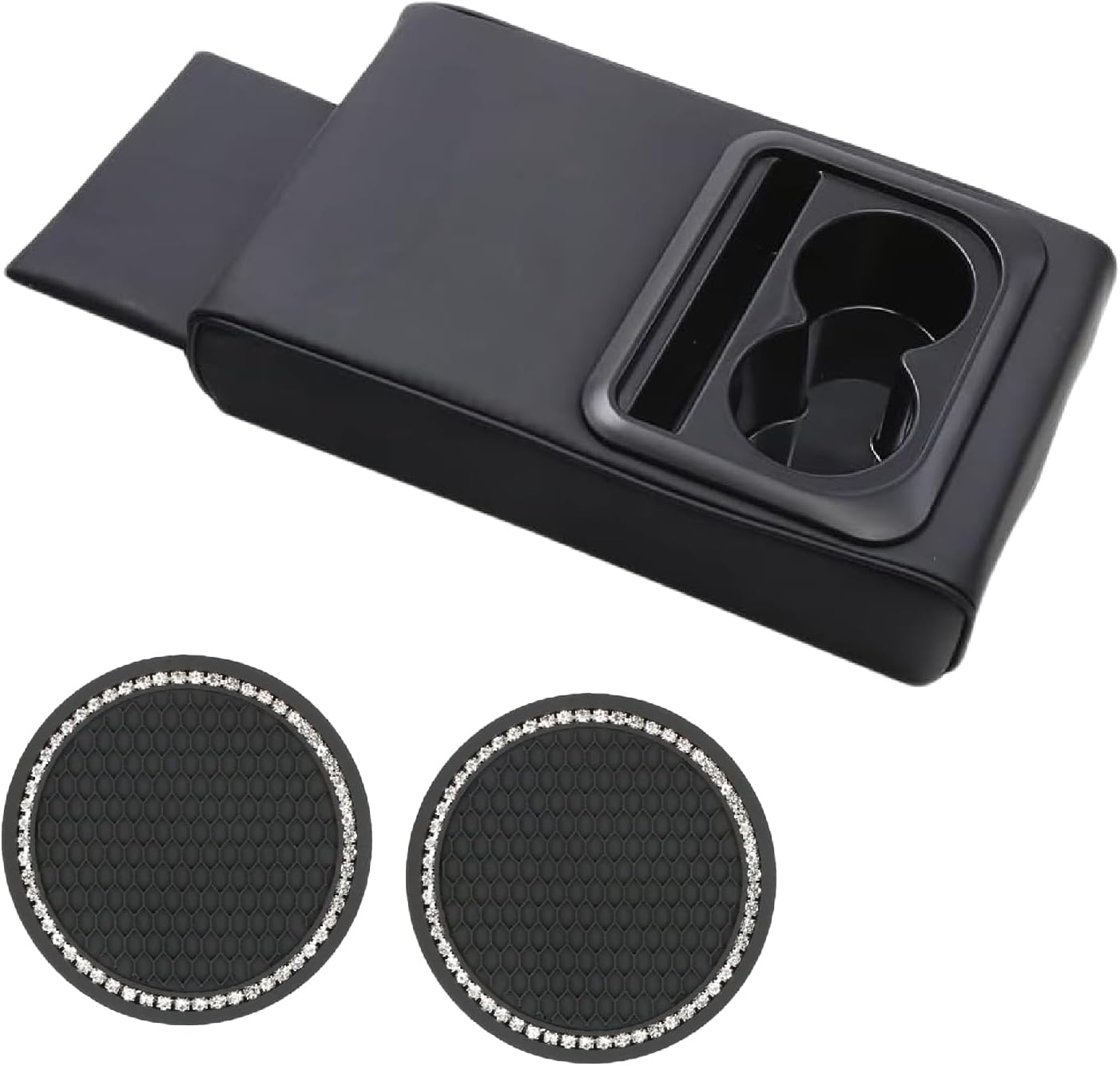 Car Armrest Box Cushion with Phone & Cup Holder, Universal Leather Center Console Armrest Cover Memory Foam Pillow with Bling Coaster, Auto Arm Rest Support Cushion Protector Interior Accessories