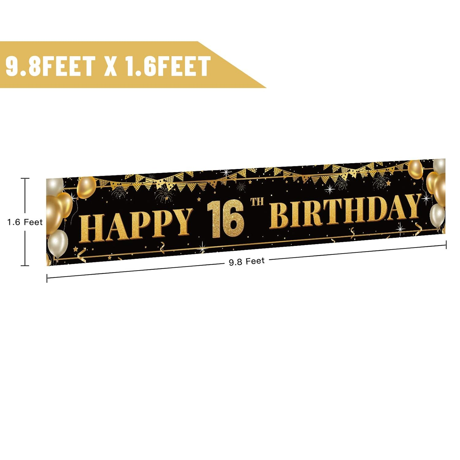 Large Happy 16Th Birthday Decoration Banner, Black and Gold Happy 16Th Birthday Banner Sign, 16Th Birthday Party Decorations Supplies(9.8X1.6Ft)