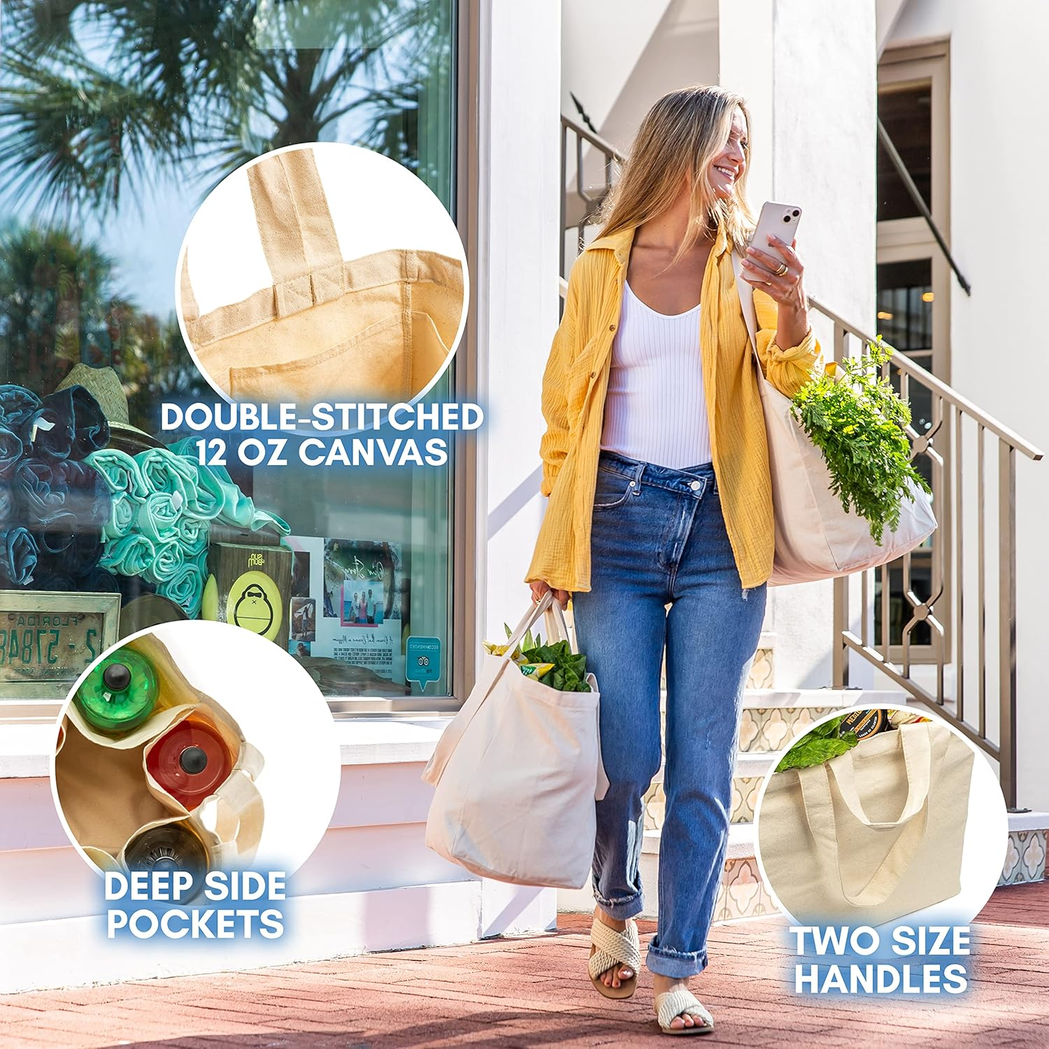 Veramia Canvas Grocery Bag 3Pc XL Set with Real Pockets, Long Shoulder Strap and Short Handle. Heavy Duty, Foldable, Washable image number 5