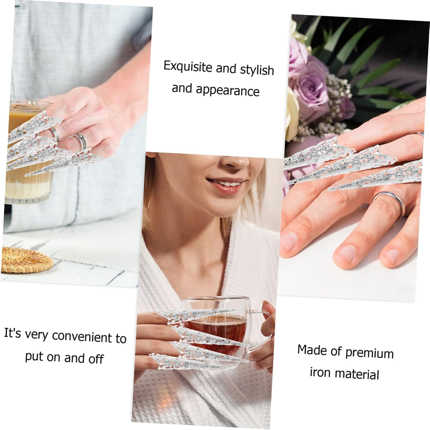 WOONEKY Queen Fingernail Nail Rings Set 8Pcs Gold Long 12Cm Classic Style Finger Tip Accessories for Cosplay and Fashion image number 3