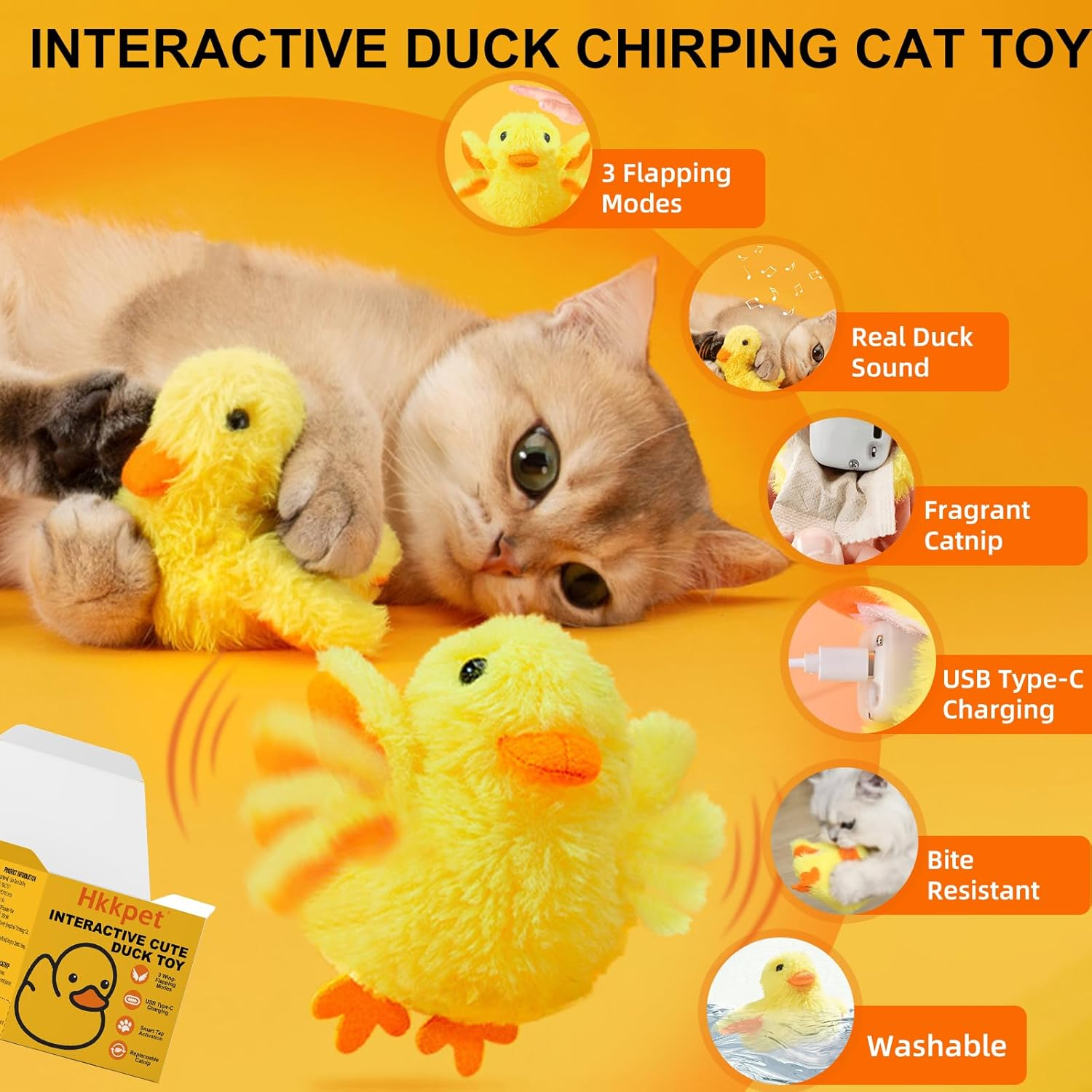 Chirping Duck Interactive Cat Toy, Touch Activated Automatic Kitten Toy with USB, Realistic Duck Quack & Flapping Wings Catnip Toy, Cute Cat Kicker Toy, Cat Exercise Toys for All Breeds image number 1