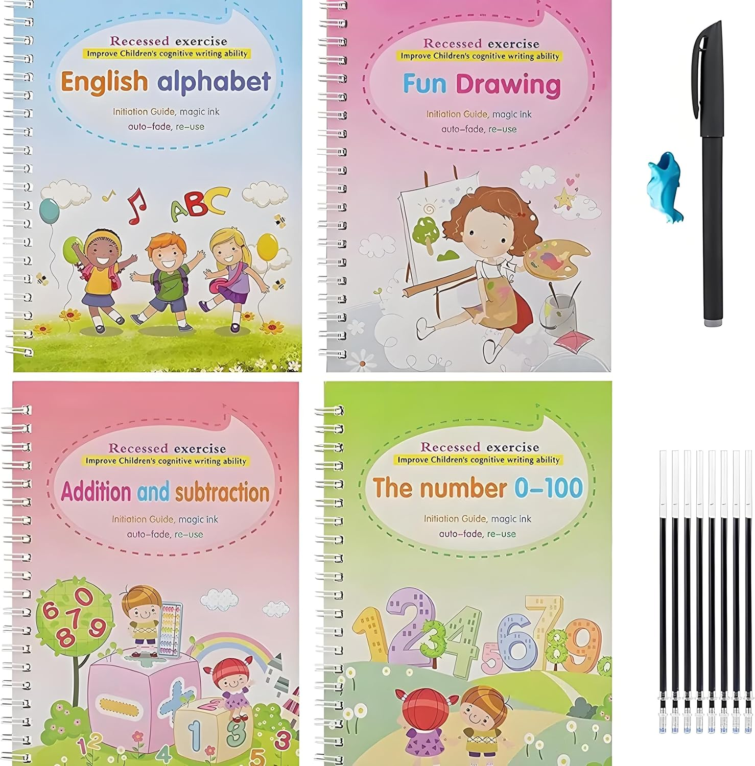4PCS Magic Grooved Practice Copybook, Magical Handwriting Workbooks, Reusable Grooved Letter Tracing Preschool Writing Books with Pen Aid Pen Grip Pen Refills image number 6