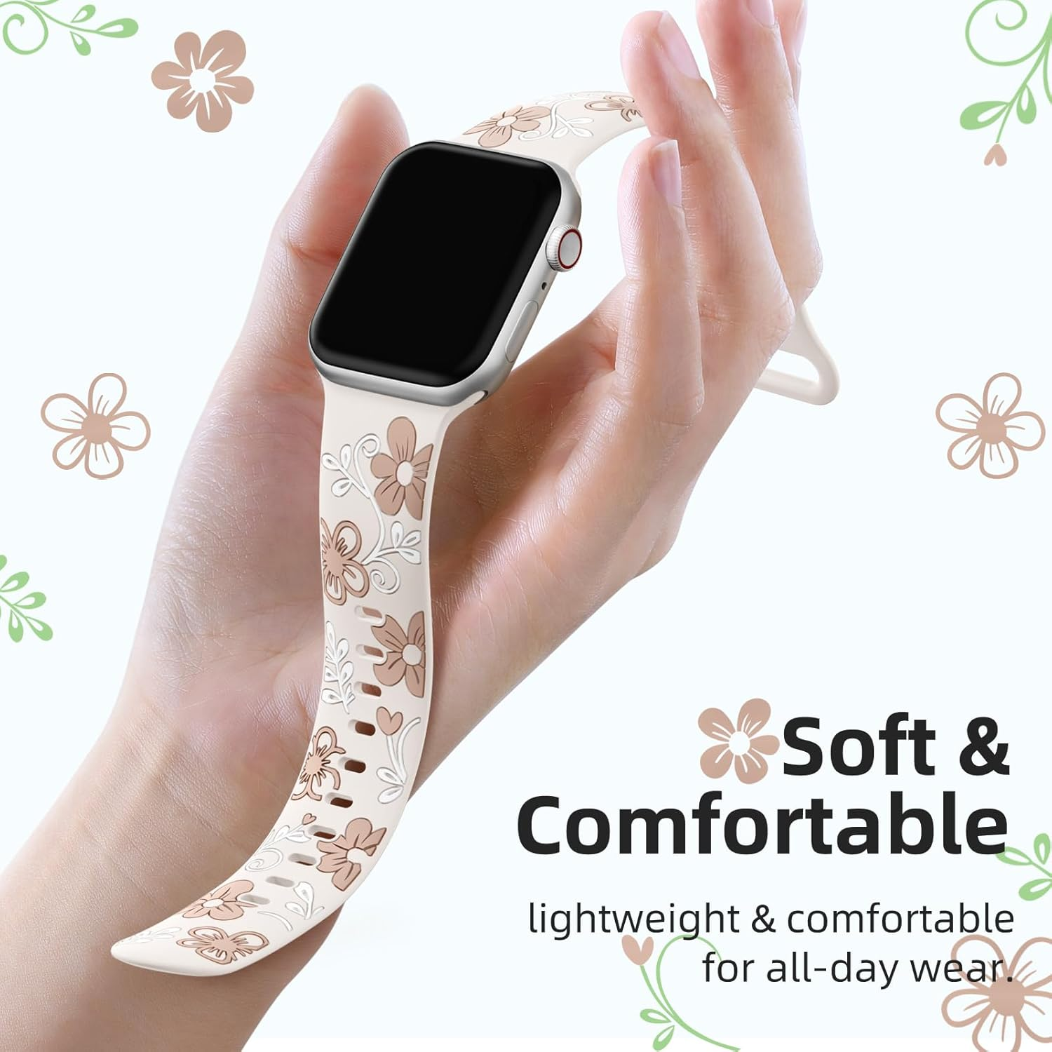 Witzon Floral Band Compatible with Apple Watch Bands for Women 41Mm 40Mm 38Mm 42Mm 44Mm 45Mm 46Mm 49Mm, Engraved Cute Flower Soft Silicone Inlay Strap for Iwatch Series 11 10 9 8 7 6 5 4 SE Ultra 3 2 image number 2