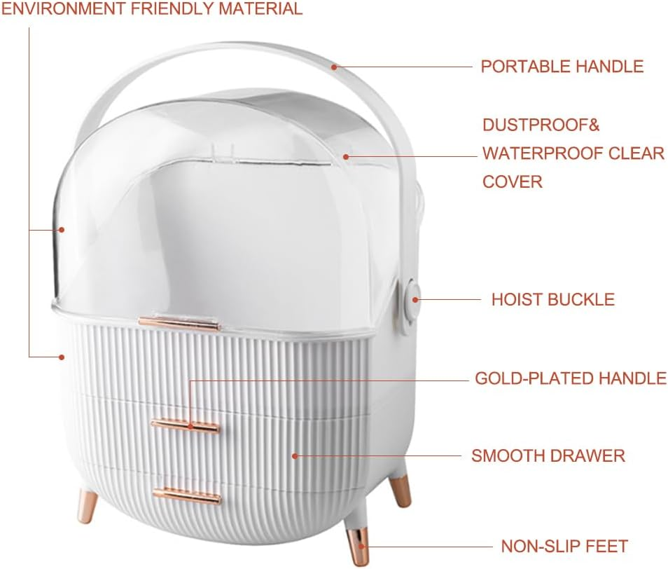 Kiiss Makeup Storage Organizer,Cosmetics Display Case with 2-Layer Storage Box and Transparent Cover, Portable Cosmetics Storage Box, Bedroom Vanity Desk (White) image number 1