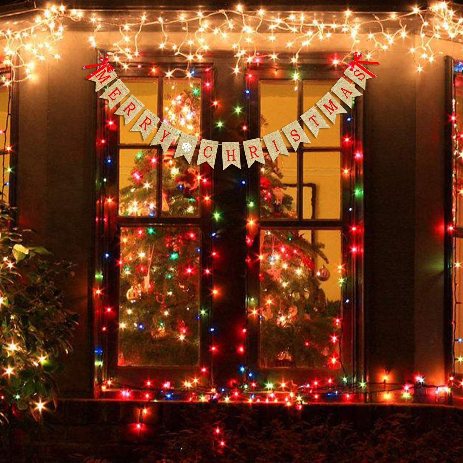 Merry Christmas Burlap Banner, Red with Brown Accents, 9.35FT Straight Christmas Banner image number 1