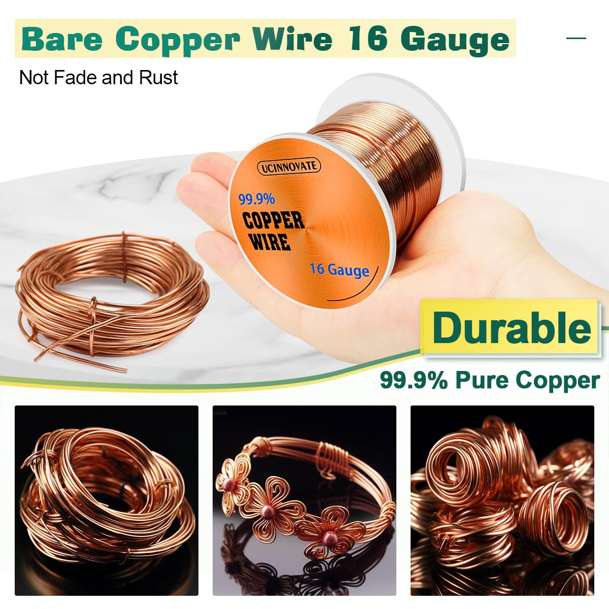 UCINNOVATE 99.9% Copper Wire, 16 Gauge Pure Copper Wire for Jewelry Making, 66FT 1.3Mm Diameter Solid Bare Copper Wire for Electroculture Gardening, Soft Copper Wire 16 Gauge for Craft 1/2 Lb Spool image number 5