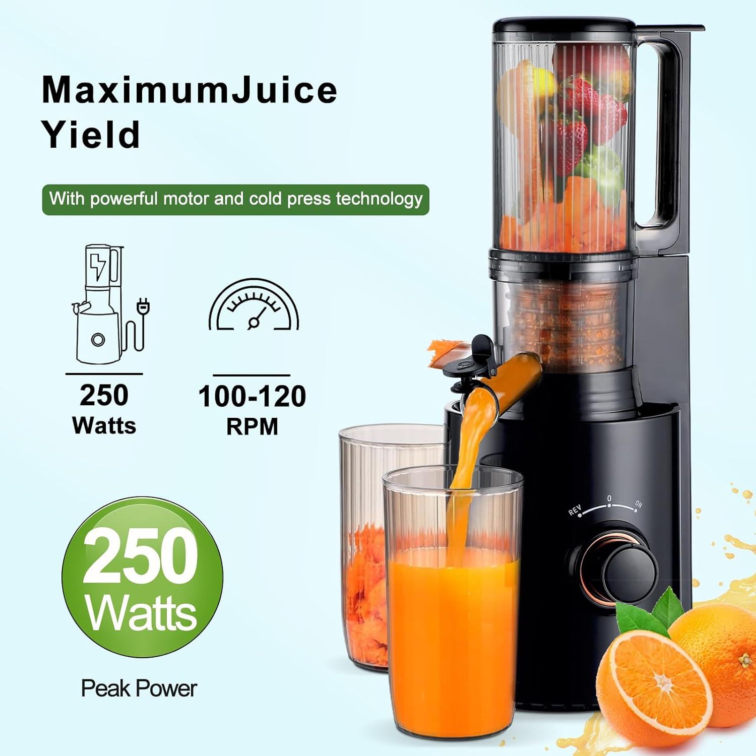Cold Press Juicer Slow Masticating Fruit Juicer 250W with 80Mm Wide Chute Juicer Machines, Upgraded Non-Clogging Filter, High Yield Juice, for Vegetables Celery Wheatgrass Watermelon Carrot image number 6