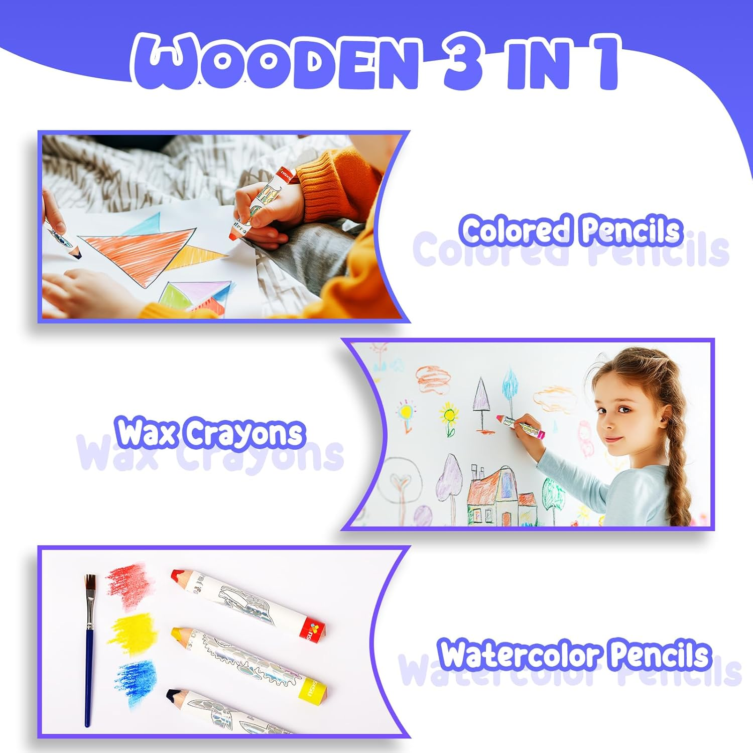 Nsxsu Wooden 3 in 1 Jumbo Crayons for Toddlers & Kids, Chunky Washable Bath Crayon, Water Soluble Thick Colored Pencils, Fat Triangular Color Pencil with Sharpener, Easy-Grip (Classic Color, 8) image number 1