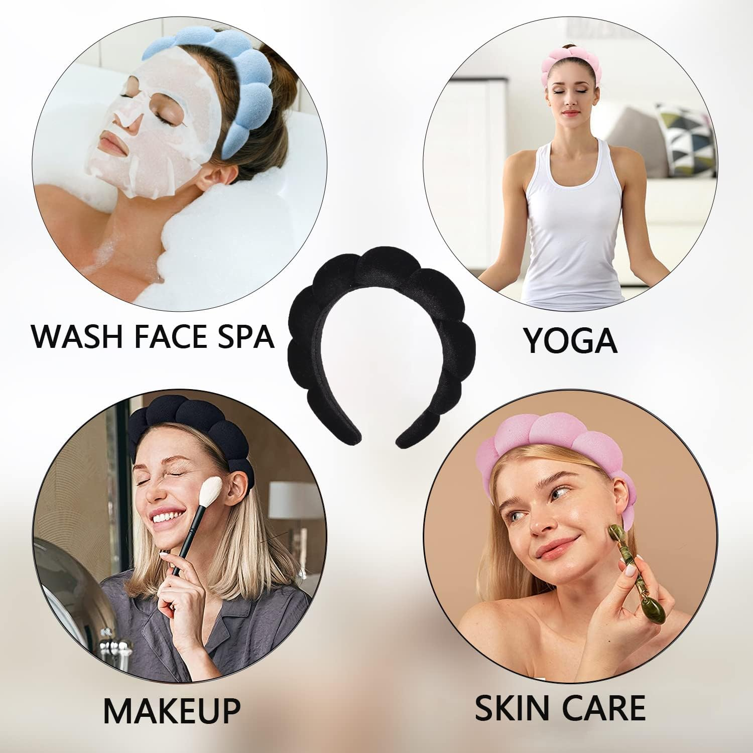 Luckybear Spa Headband for Washing Face, Velvet Makeup, Bubble Skincare with Face Wash Wristbands, Sponge Puffy for Women Skin Care - Black