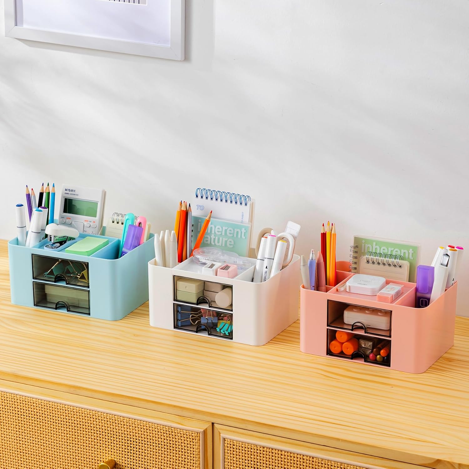 3-Piece Desk Organizer with 2 Drawers, Office Supplies Organizer, Cute Desk Accessories with Plastic, Pen Holder, Blue image number 3