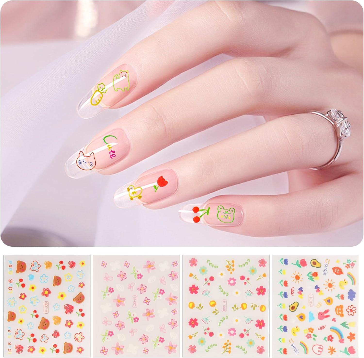 WD&CD 30 Sheets Colorful Cute Nail Art Stickers Decals Self Adhesive Nail Stickers Nail Art Supplies Colorful Flower Stickers Floral Rabbit Bear Heart Nail Designs Manicure Tips Charms Nail Decoration image number 4
