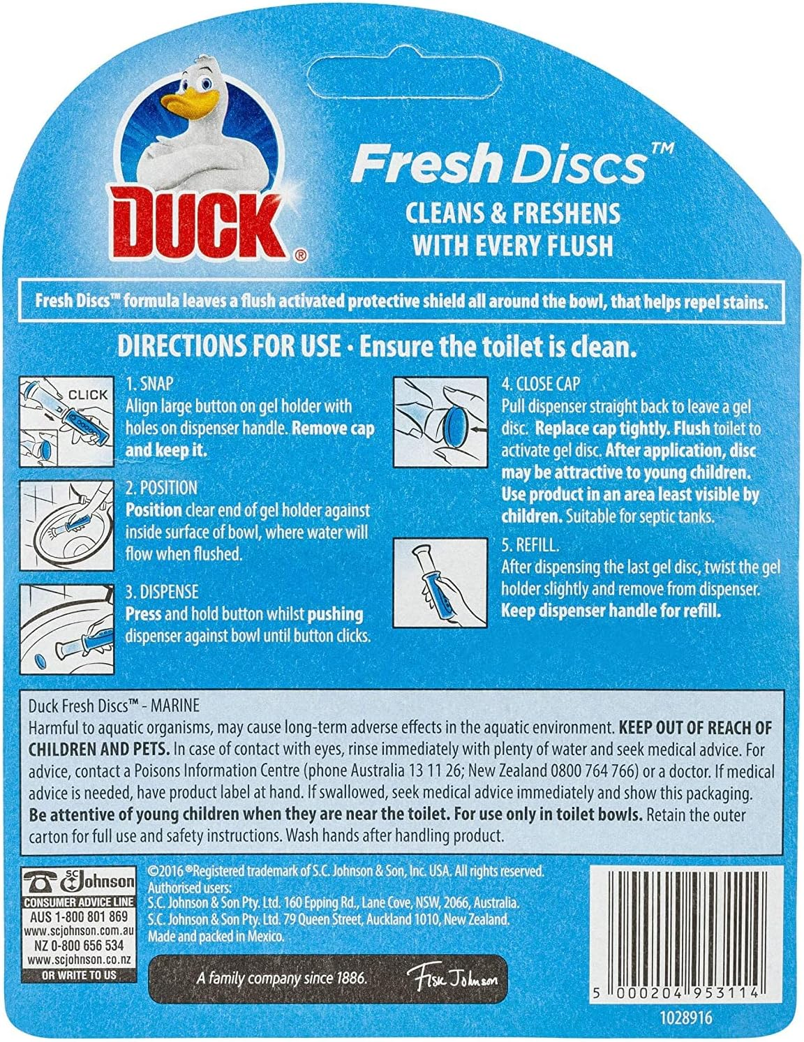 Duck Fresh Discs Toilet Bowl Cleaner, Marine Fragrance, Reusable Dispenser and 1 X Gel Refill with 6 Toilet Discs, 36Ml Tube (Pack of 4) image number 1