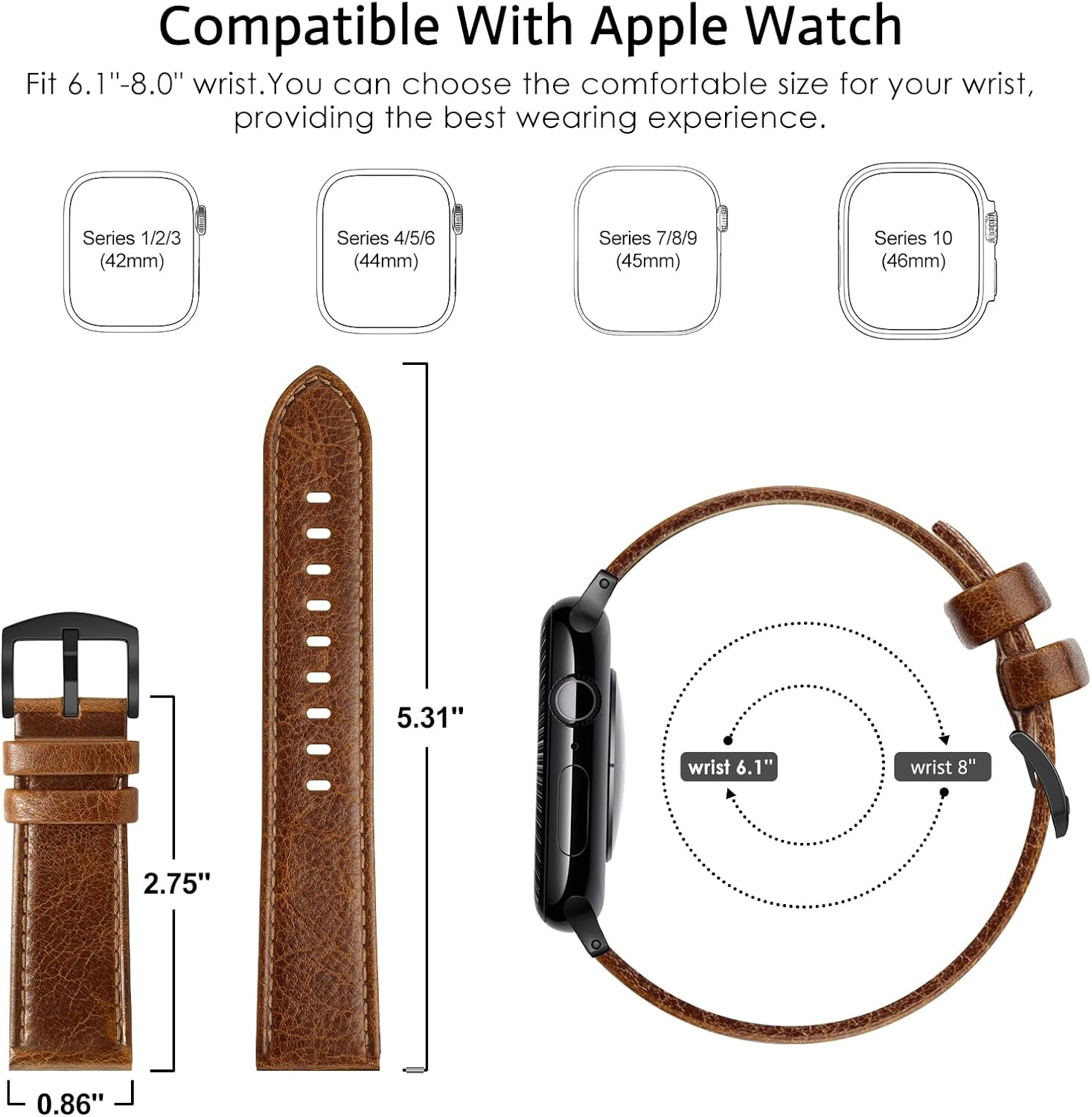 EDIMENS Leather Bands Compatible with Apple Watch 42Mm 44Mm 45Mm Band Men Women,Vintage Genuine Leather Wristband Replacement Band Compatible for Apple Iwatch Series 8 7 6 5 4 3 2 1 SE Sports Edition image number 5