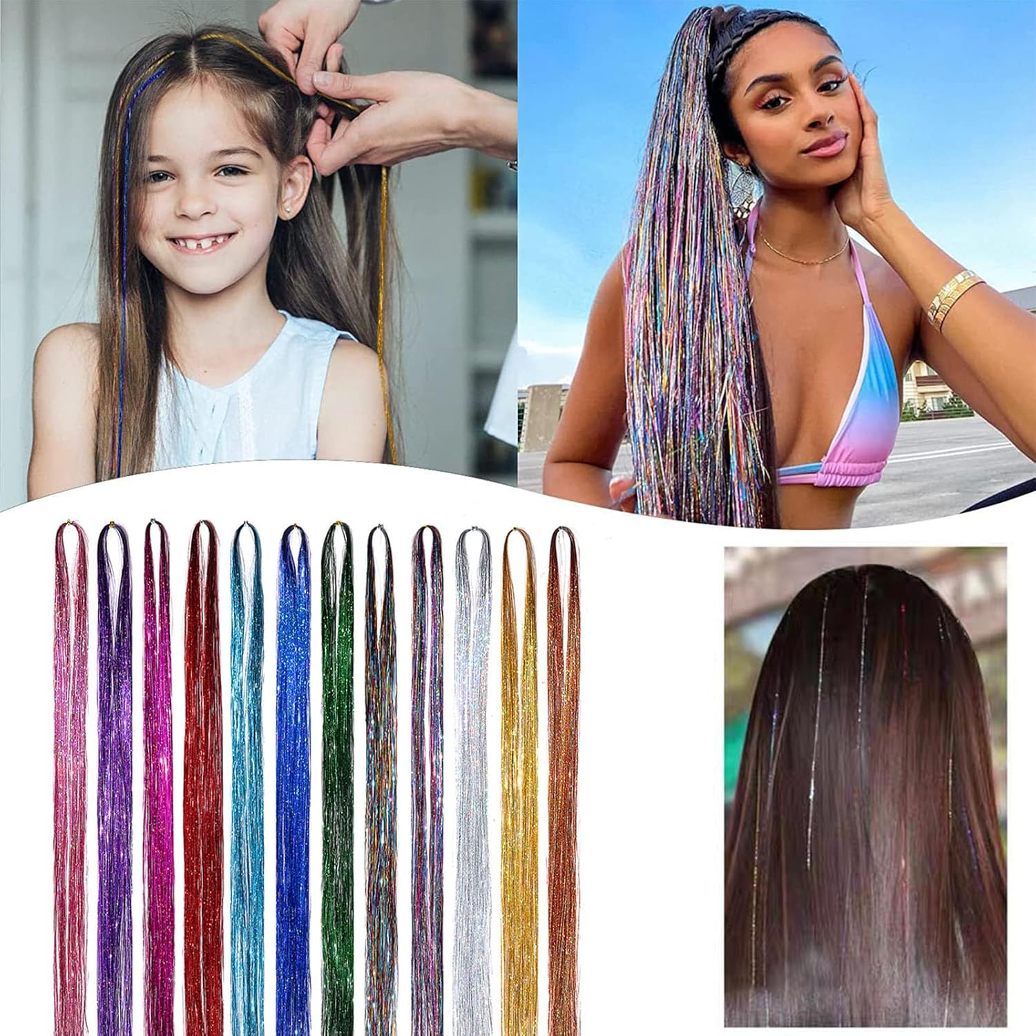 Hair Tinsel Strands Kit with Tools, 90Cm 12 Colors 2400 Strands Sparkling Party Tinsel Hair Extensions Highlights Multi-Colors Synthetic Hair Streak Bling for Women Girls image number 2